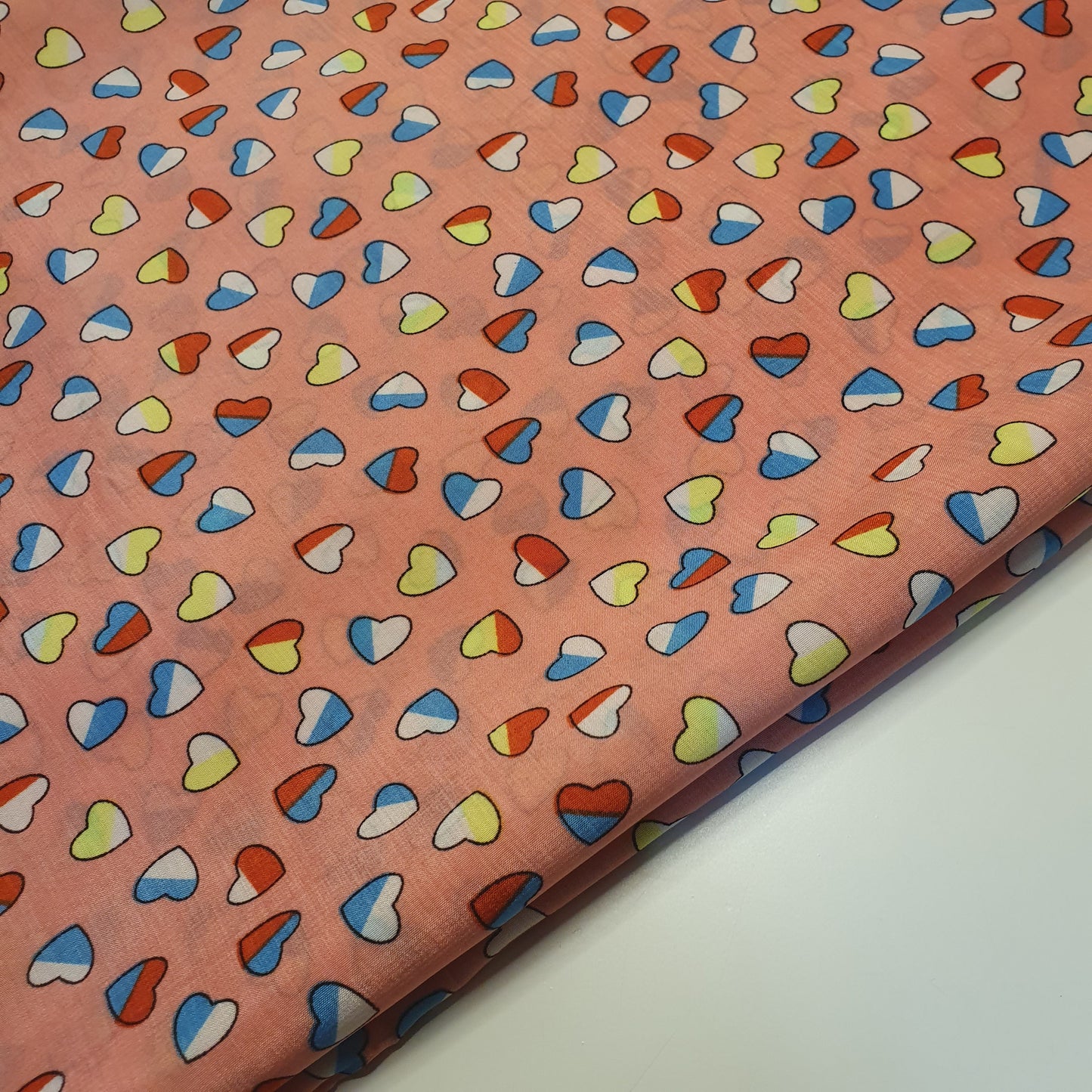 Multi Heart Crepe Printed Fabric – 58" Wide Sewing, Craft & Dress Material by the Metre