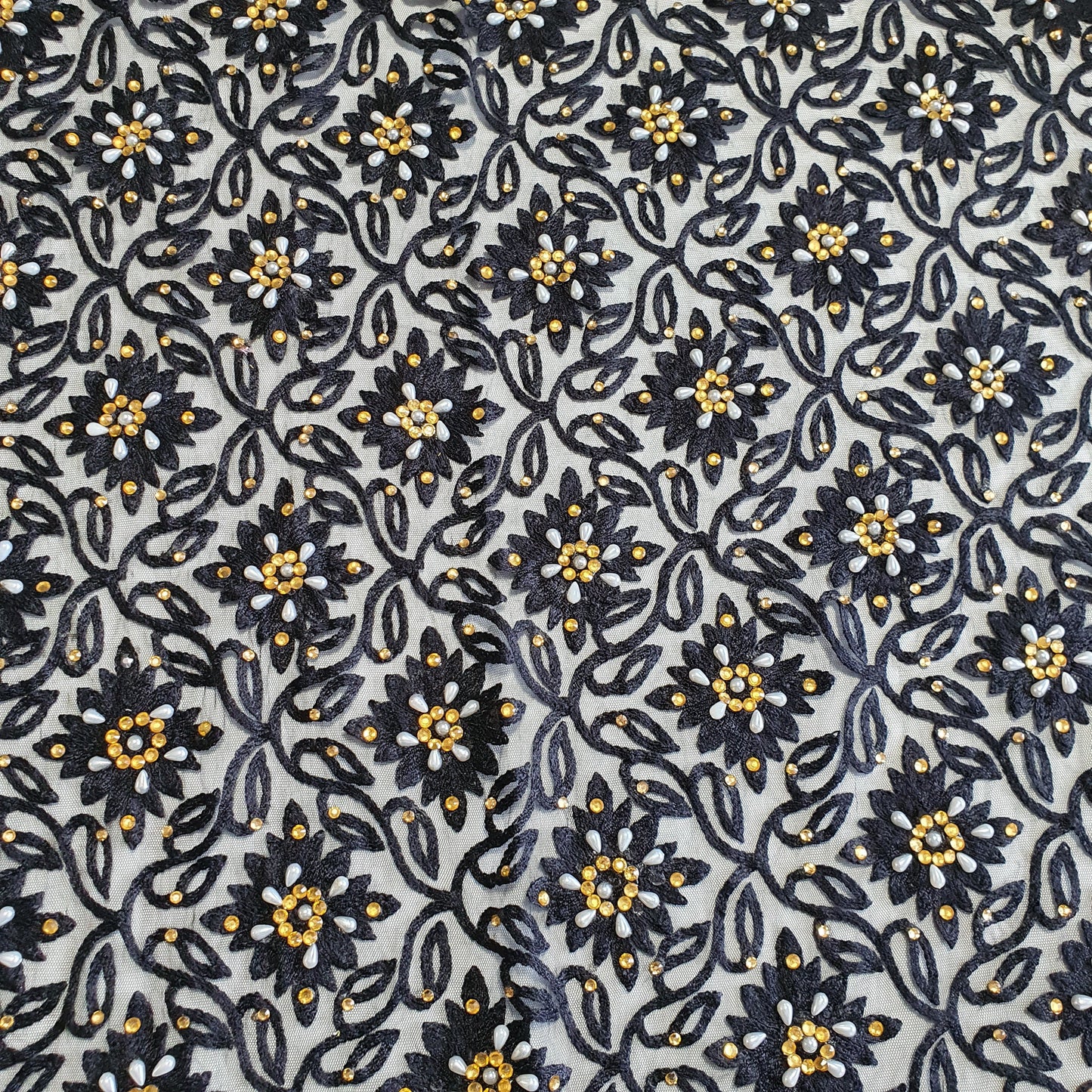 Premium Mesh Net Fabric – 44" Wide Floral Thread Embroidery with Diamante & Pearl Embellishment for Dressmaking & Crafts
