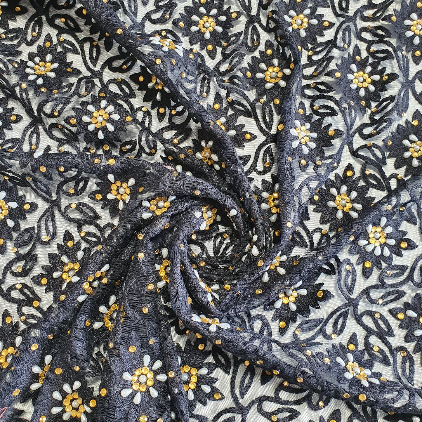 BLACK Premium Mesh Net Material Floral Diamante Embroidery Dress Craft Fabric 44.0" (111.8 cm) By Meter