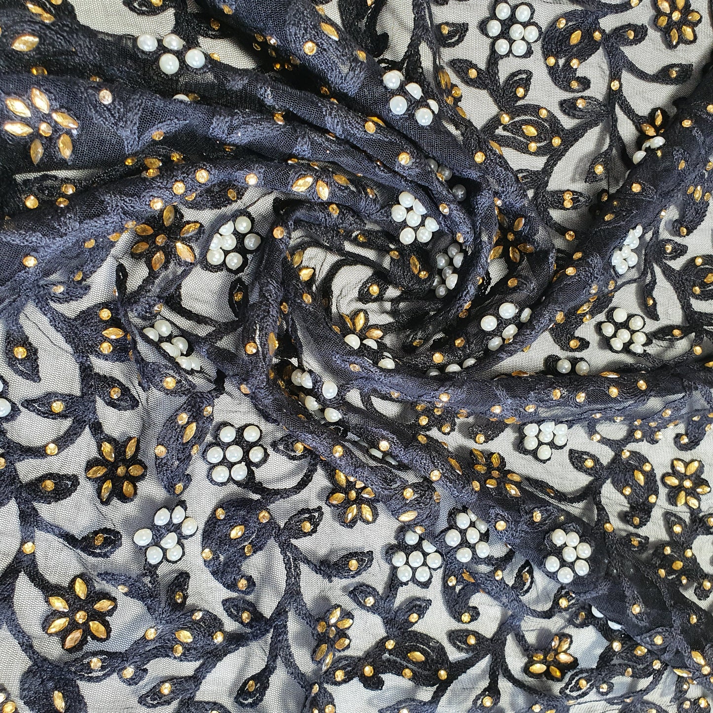 BLACK PAISLEY Premium Mesh Net Material Floral Diamante Embroidery Dress Craft Fabric 44.0" (111.8 cm) By Meter
