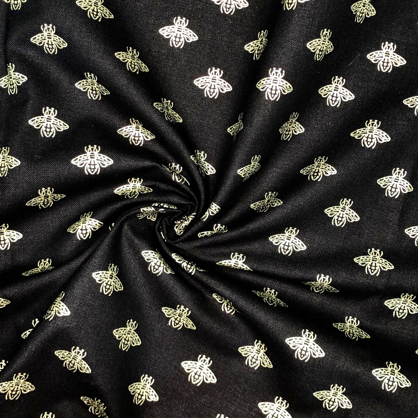 100% Cotton Panama Fabric | Black Background Metallic Bee Print 55" (140cm) Wide Craft & Upholstery Fabric – Sold by the Meter