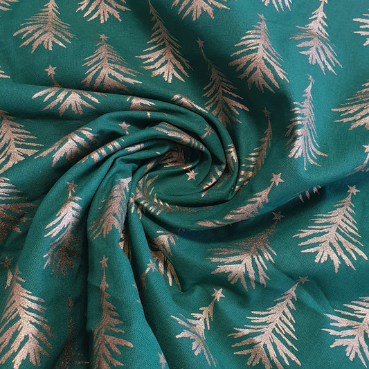Deluxe Gold Foil Christmas Cotton Fabric – 44" Wide Snowflake & Xmas Tree Print for Festive Décor & Crafts