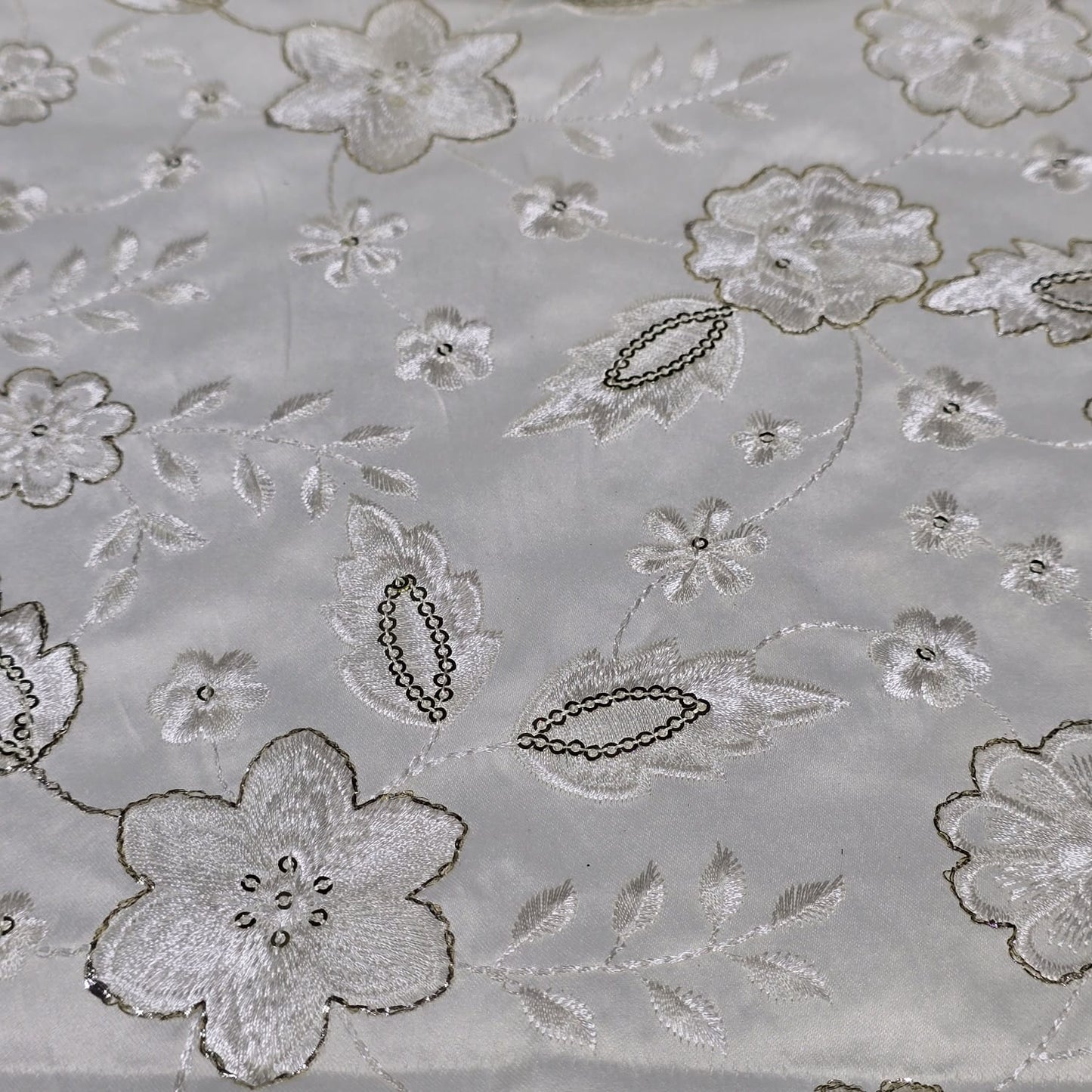 White Floral Embroidered Silk Fabric with Sequin Work 44" (112cm) Wide β Luxury Designer Dress Material by the Metre