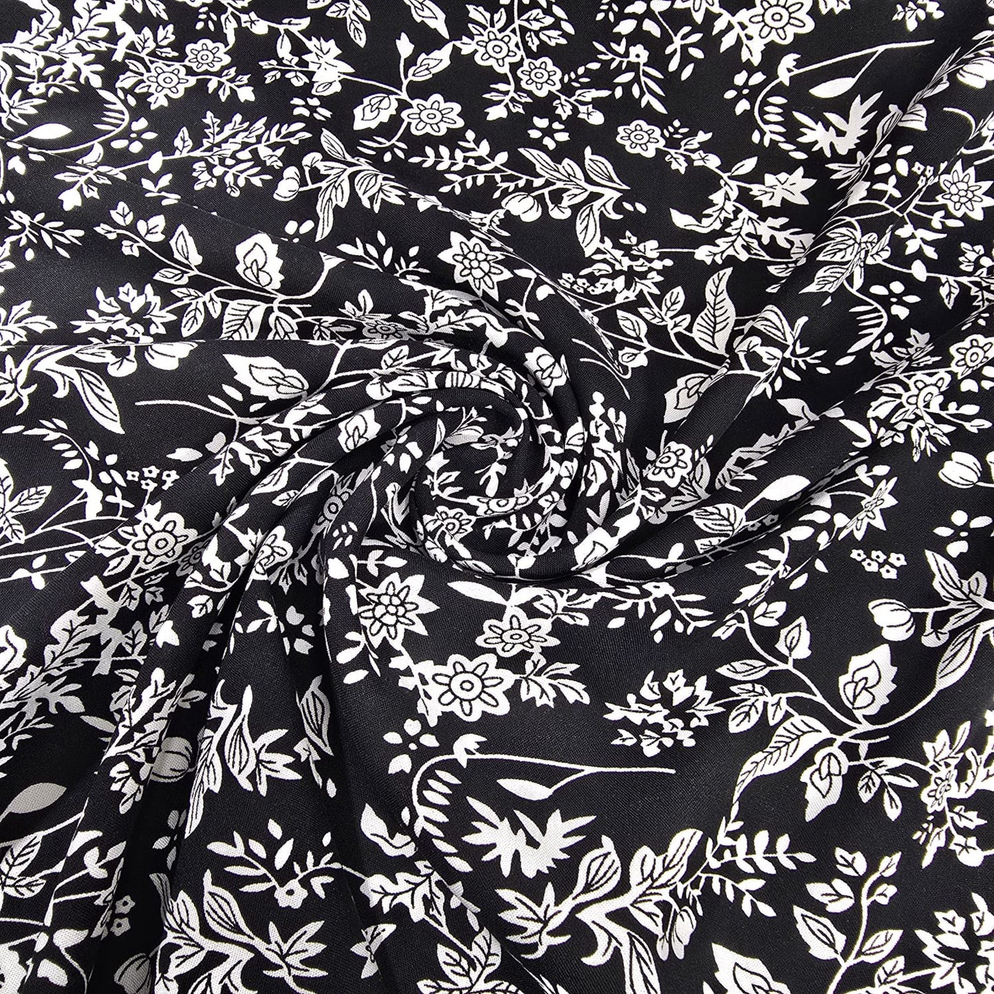 Black Botanical Vine Floral Viscose Challis Fabric 58" By The Meter Soft Lightweight Material