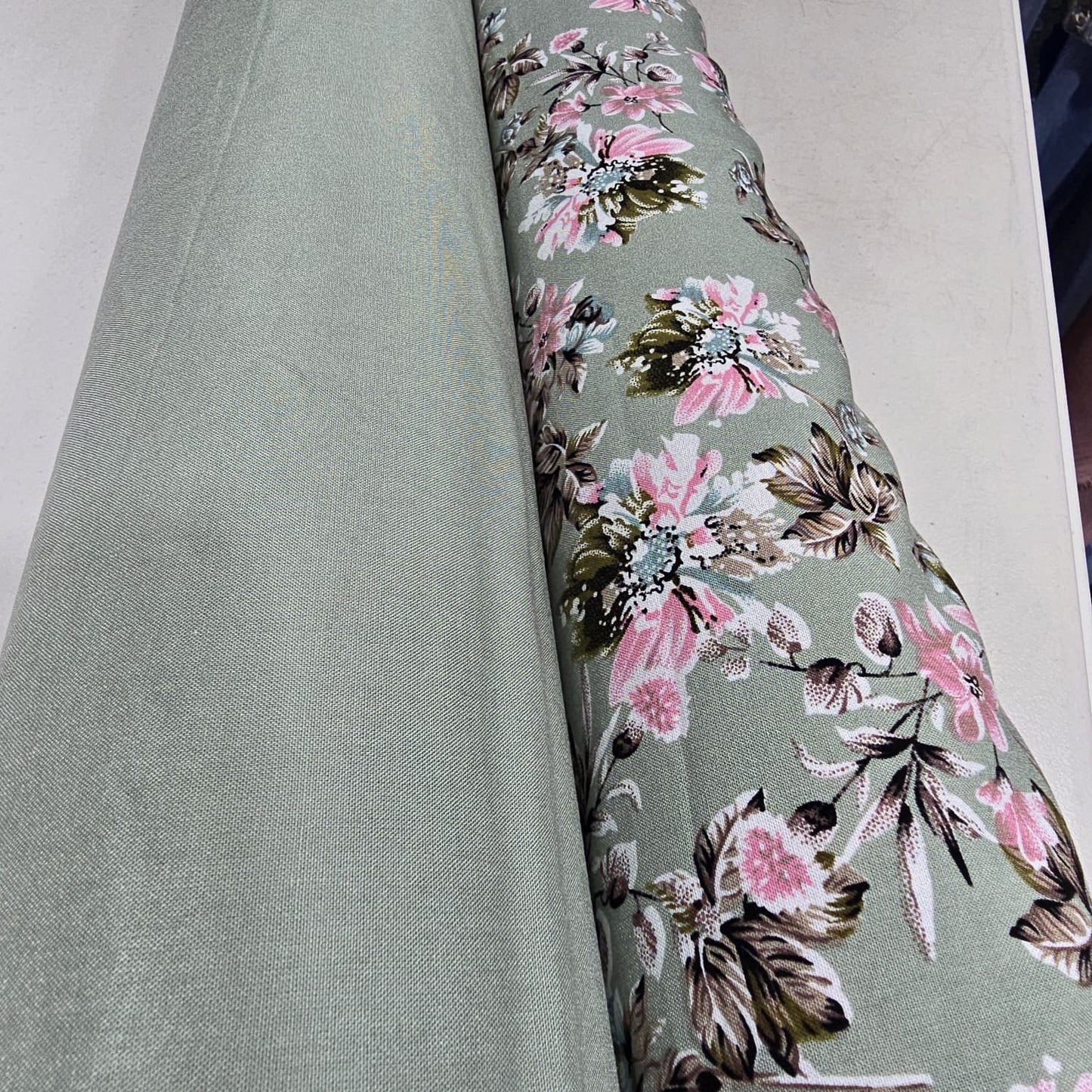 Sage Green Rose Garden Floral Mix & Match Viscose Challis Print & Plain Fabric 58" By The Meter β Soft Lightweight Fabric