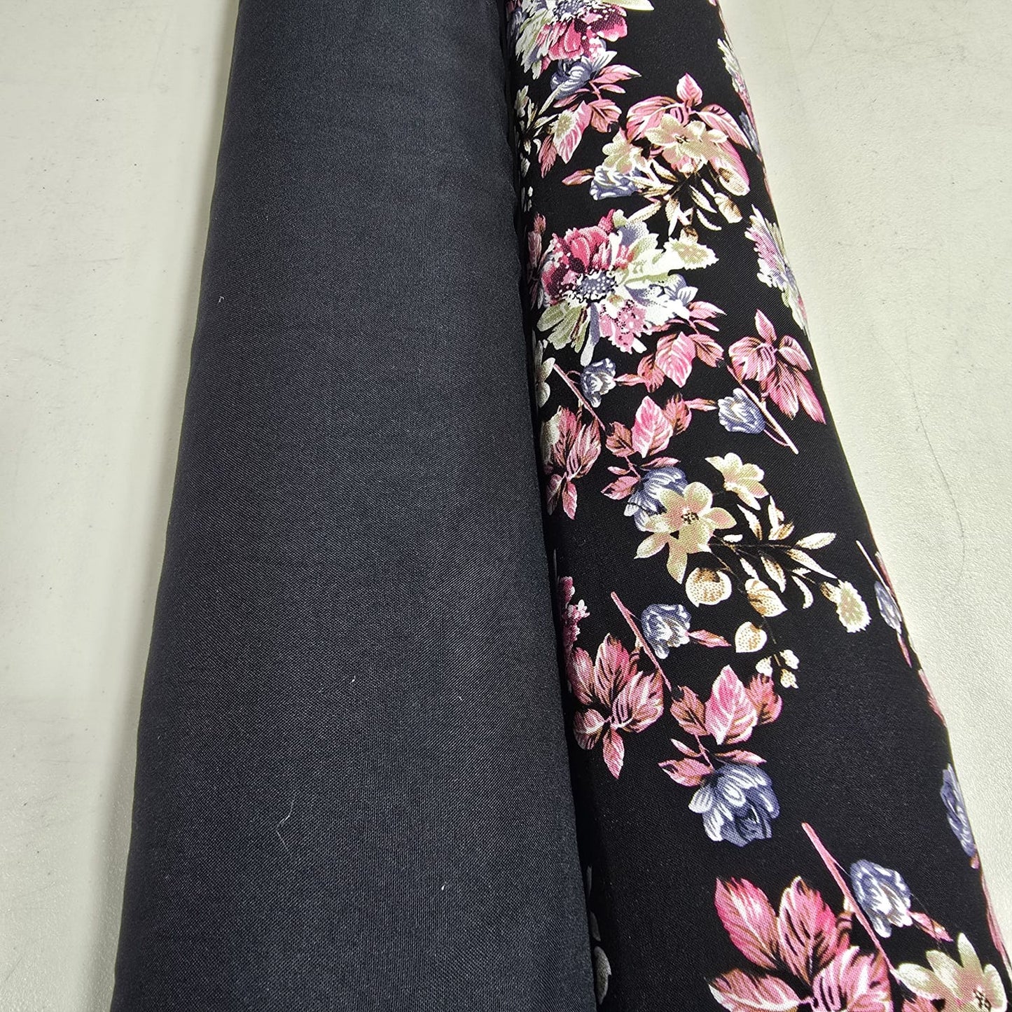 Black Rose Garden Floral Mix & Match Viscose Challis Print & Plain Fabric 58" By The Meter β Soft Lightweight Fabric