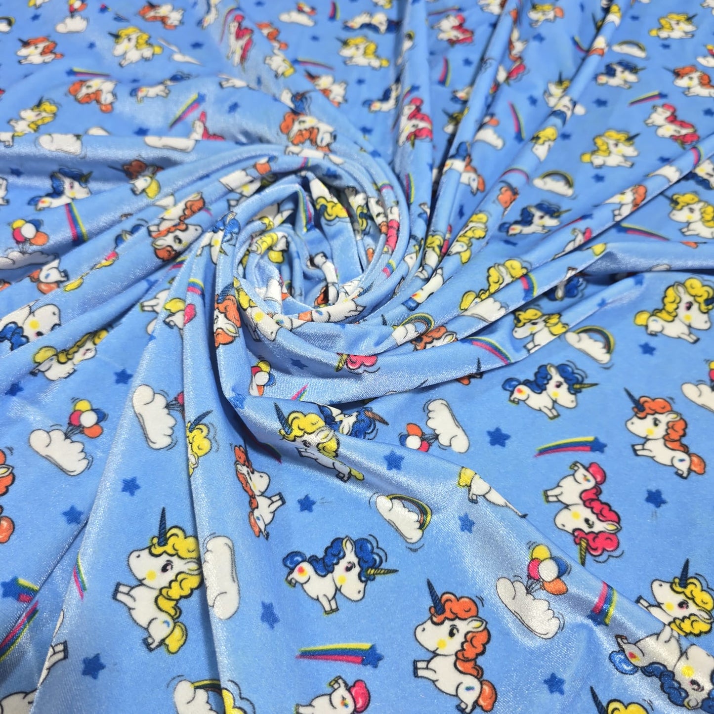 Blue Unicorn Velour Stretch Fabric 58" Wide | Soft Velvet Jersey Material | Kids Dress Craft Fabric | Sold by the Metre