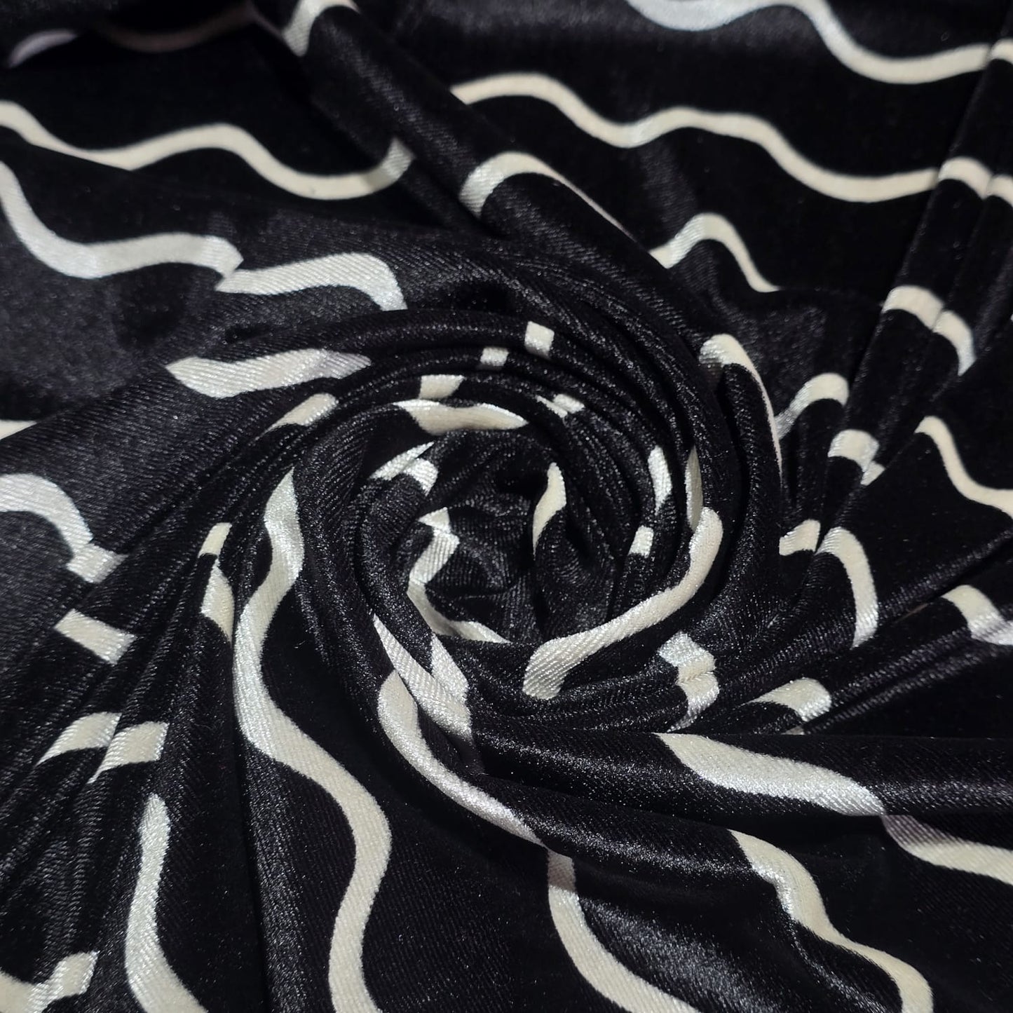 Black White Wave Print Velour Stretch Fabric | Soft Velvet Jersey Material | 58" Wide Dress Fabric | Sold by the Metre