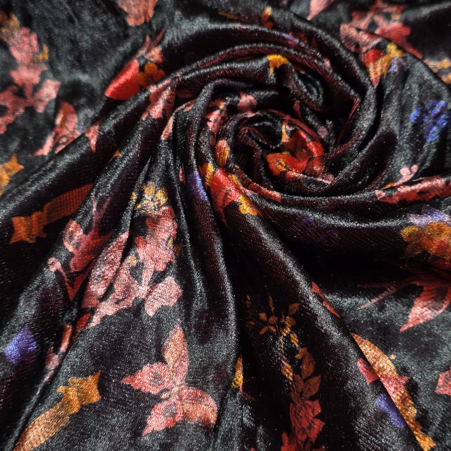 Black Floral Bird Velour Stretch Fabric | Soft Velvet Jersey Material | 58" Wide Dress Fabric | Sold by the Metre