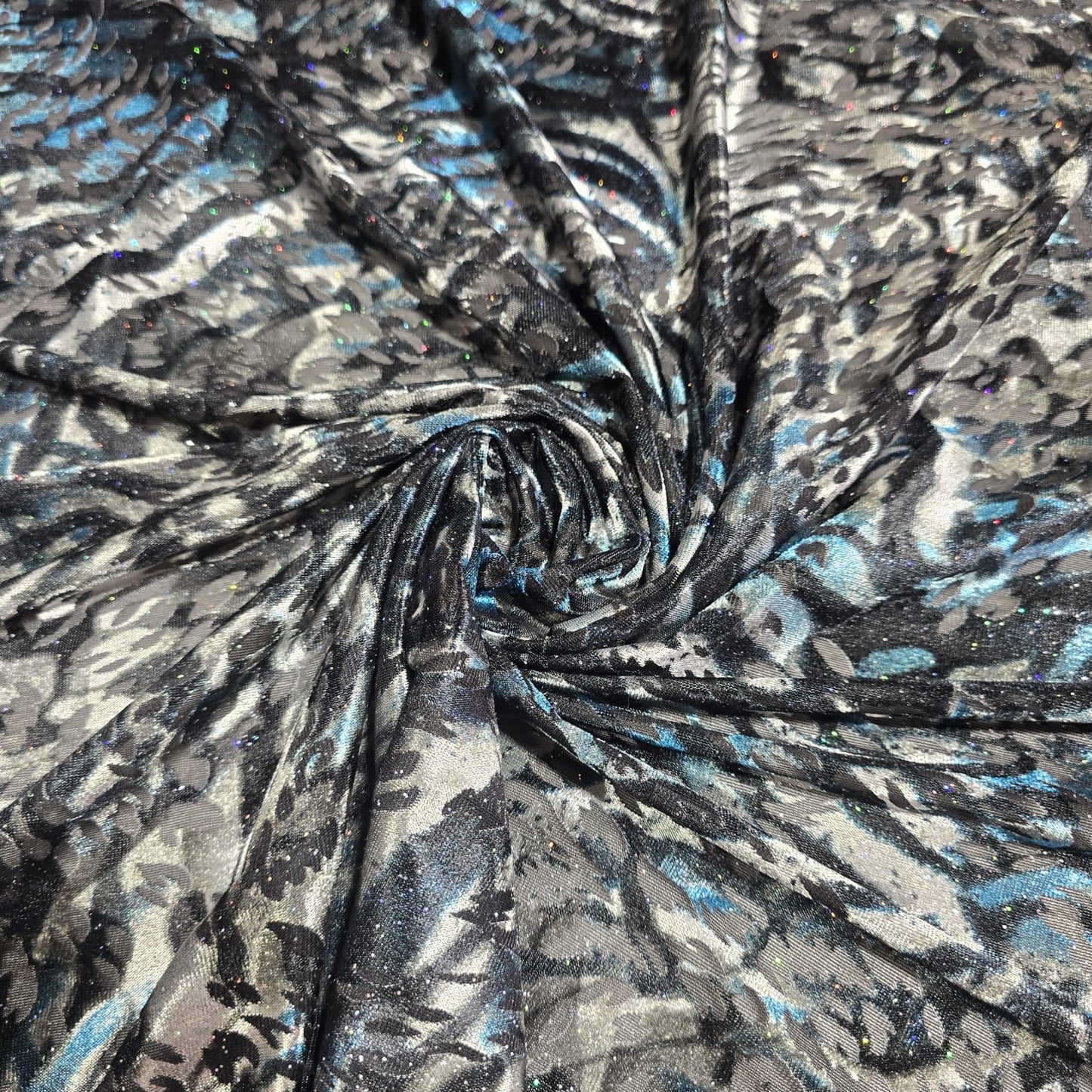 Black Silver Blue Glitter Velour Devor Stretch Fabric Burnout Velvet Dress Fabric 58" Wide | Luxury Stretch Fabric | Sold by the Metre