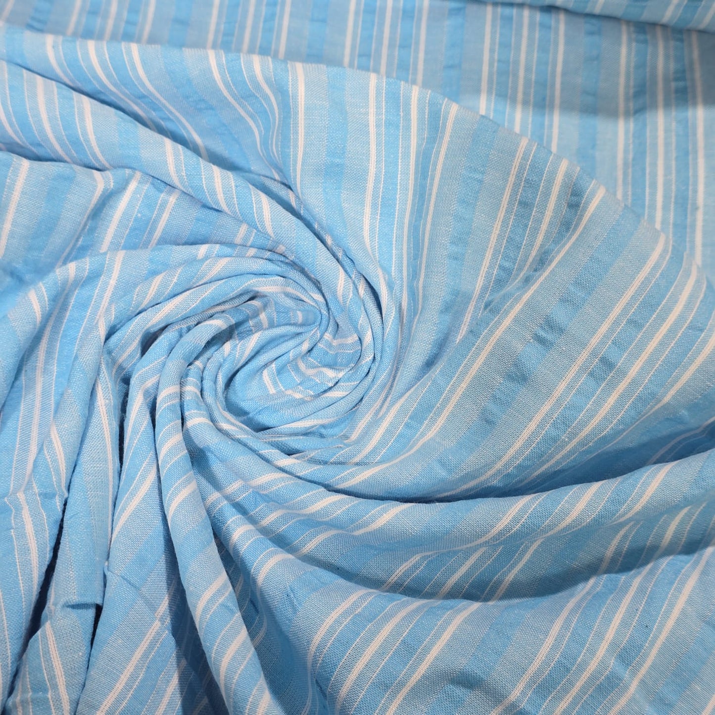Sky Blue Striped Seersucker Fabric β 58" Wide | Lightweight Cotton Blend Dressmaking Fabric | Sold by the Metre