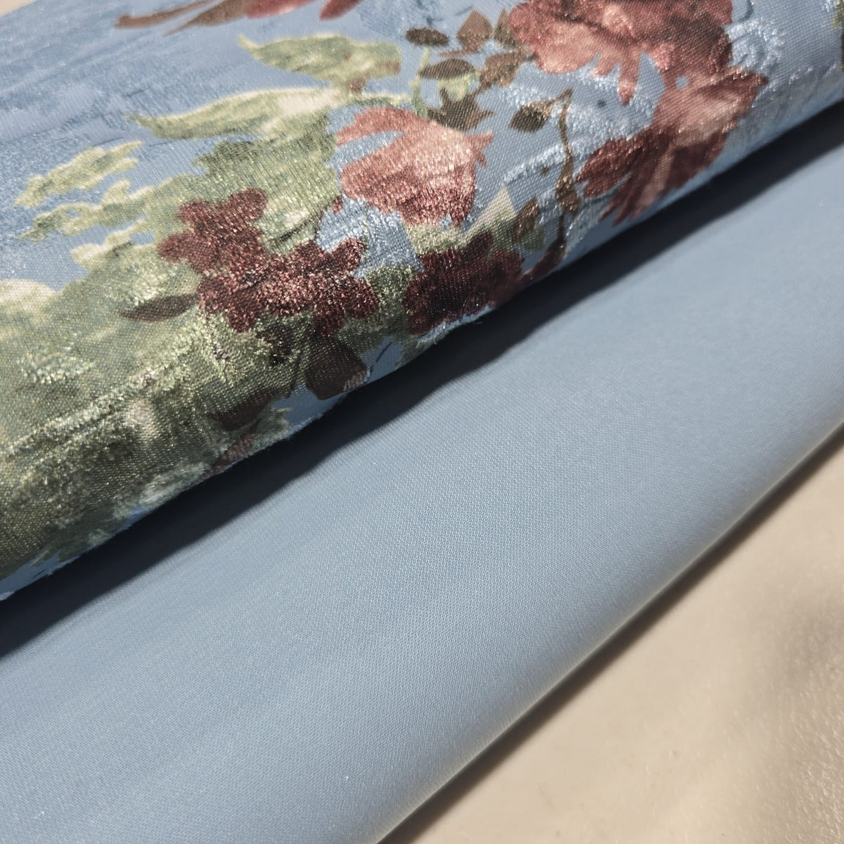 Powder Blue Floral Velvet Devore & Plain Wool Peach Skin Fabric 58" Wide β Mix & Match By The Metre