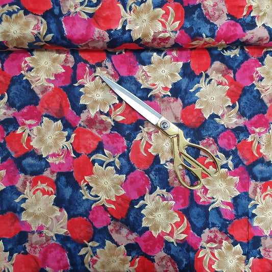 100% Cotton Multi Floral Gold Foil Print Fabric – Soft Touch Indian Design, 44" Wide for Dressmaking & Crafts