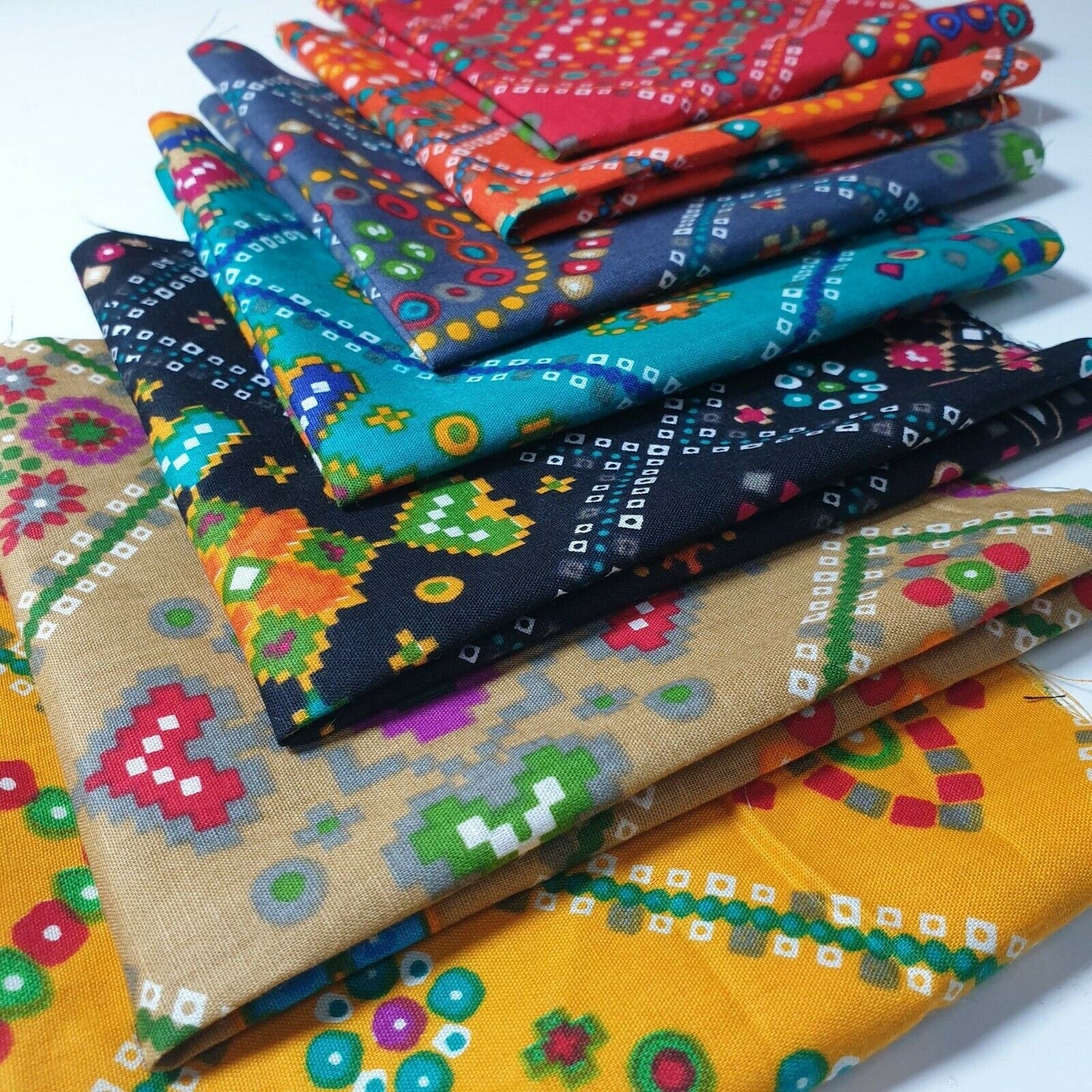 7pc 100% Cotton Fabric Indian Boho Print PreCut 25x25cm Quarters Bundle DIY Patchwork Quilting Material