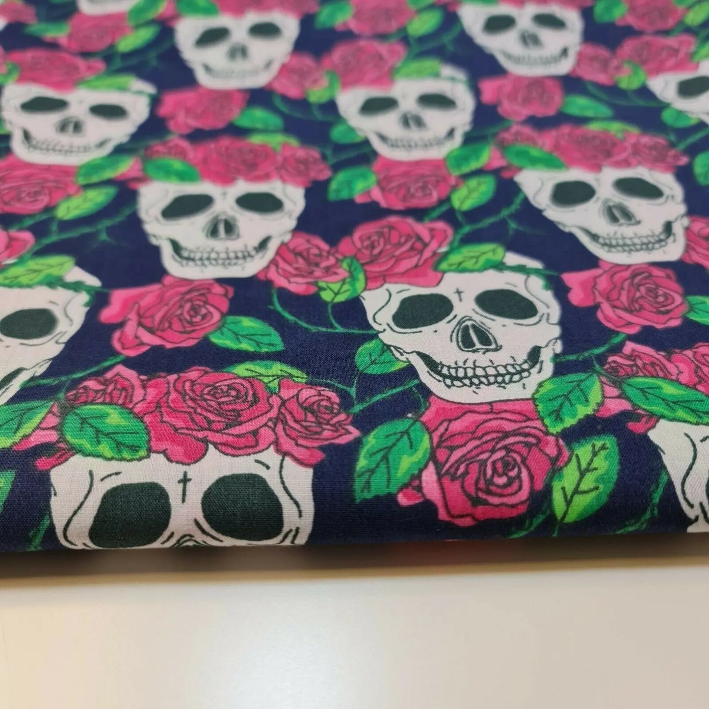 Skulls & Roses Polycotton Fabric β 112cm (44") Wide Gothic Floral Dressmaking Material by the Metre
