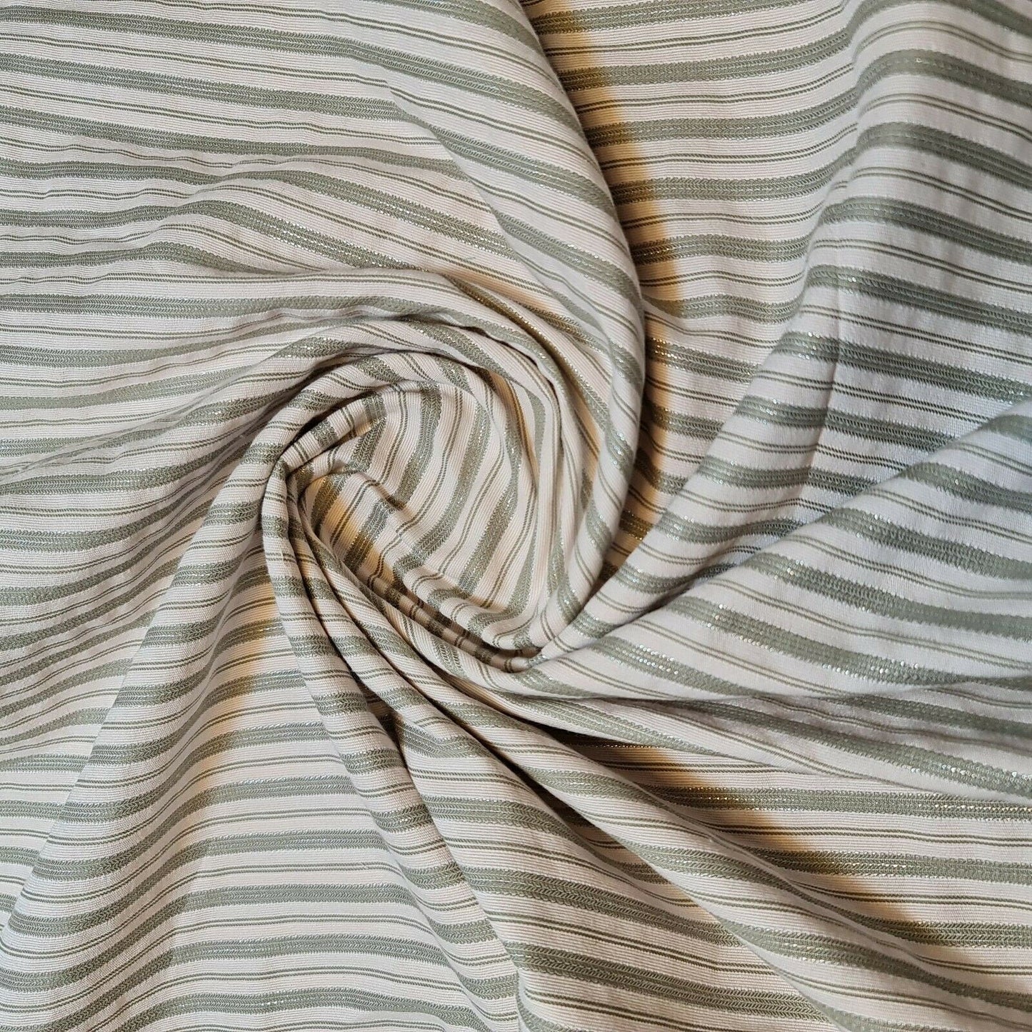 100% Cotton Sage Lurex Stripe Fabric – Soft Dress & Craft Material 58" Wide