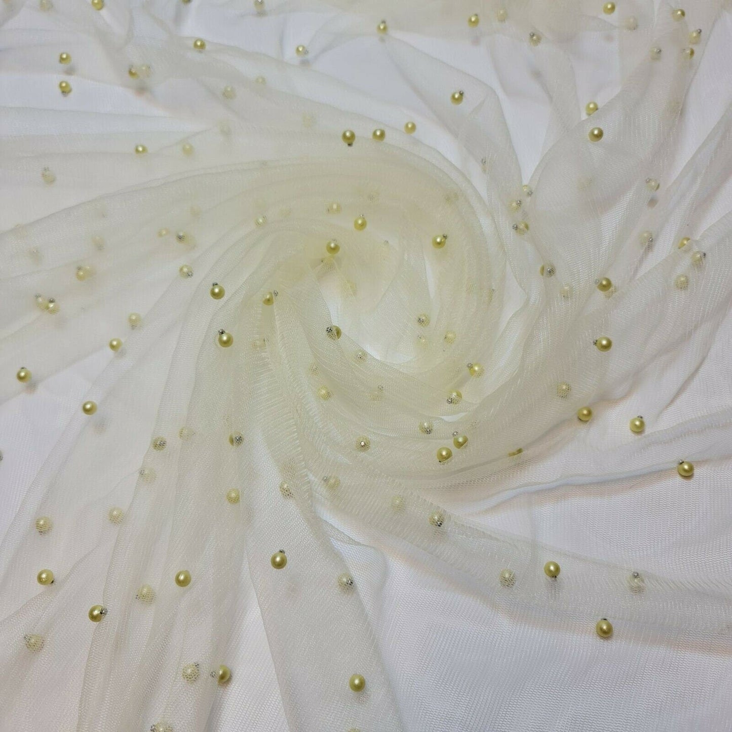 Tulle Beaded Pearl Lace Net Fabric – 58" Wide for Bridal Veils, Wedding Backdrops & Décor