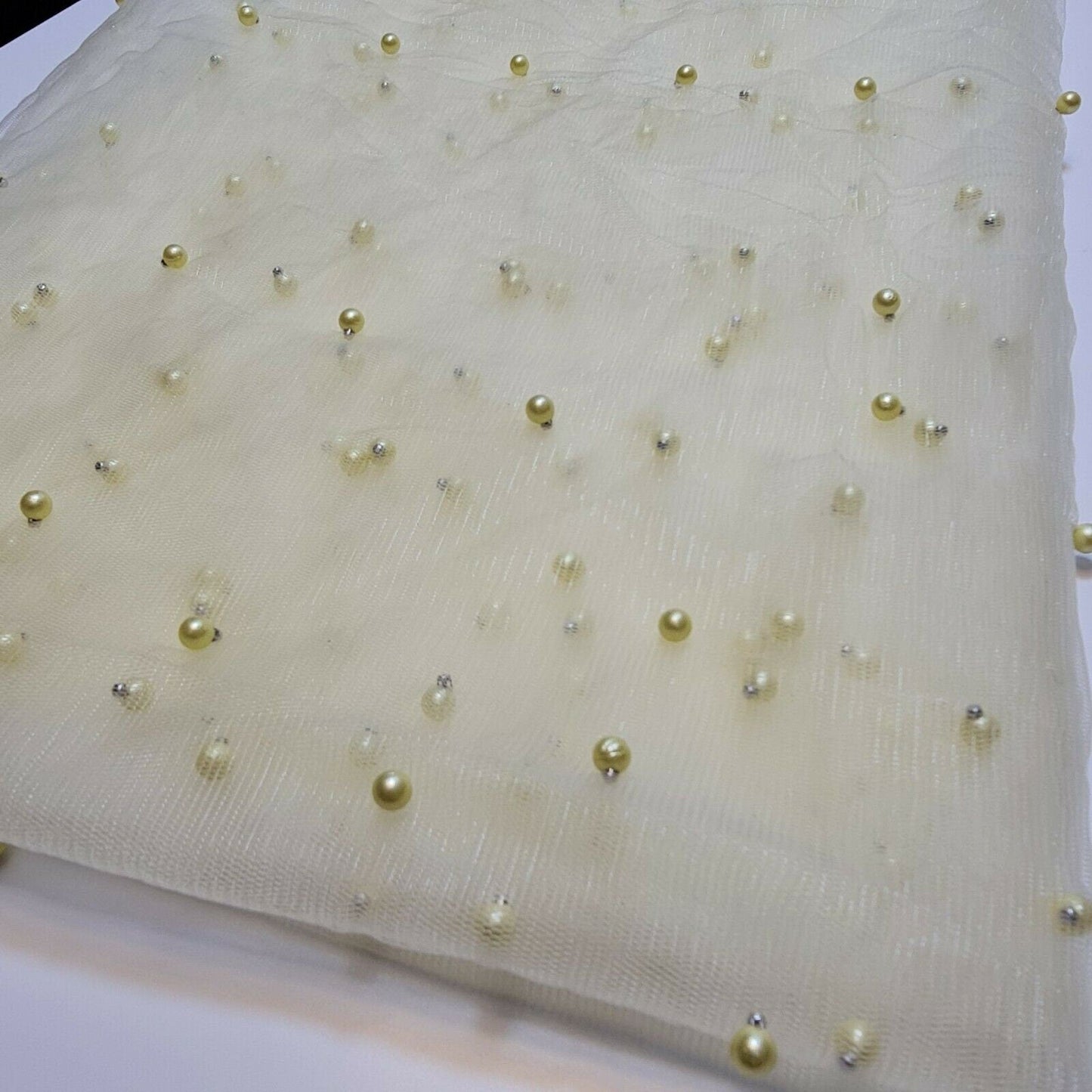 Tulle Beaded Pearl Lace Net Fabric – 58" Wide for Bridal Veils, Wedding Backdrops & Décor