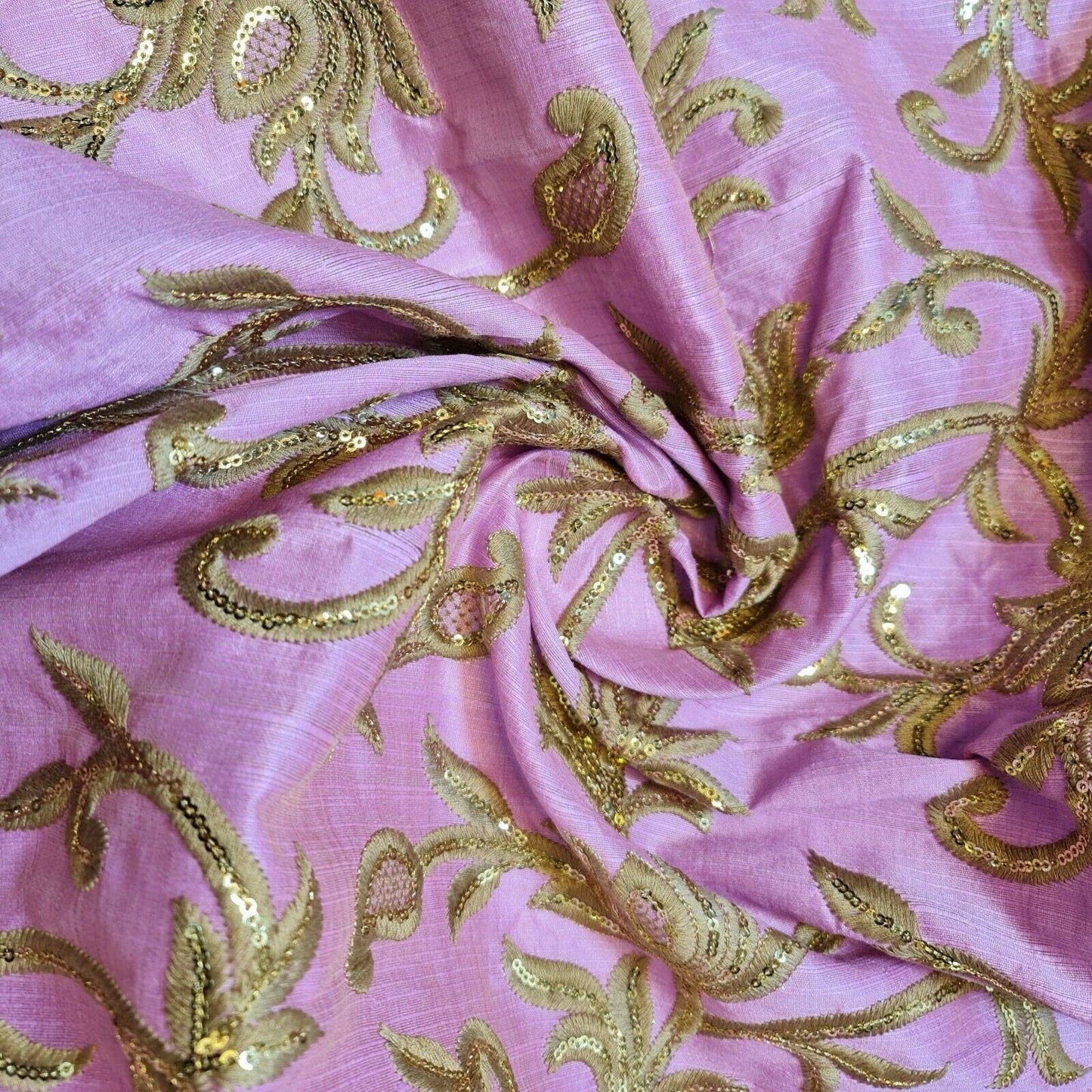 Luxury Faux Raw Silk Embroidered Fabric – Gold Floral Décor, Craft & Dress Material (44" Wide) by the Metre