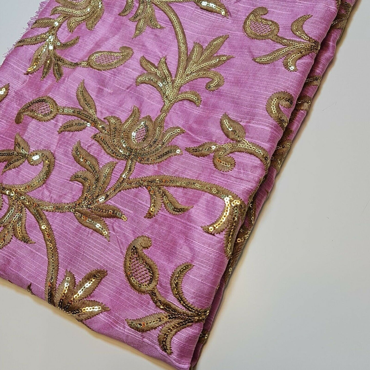 Luxury Faux Raw Silk Embroidered Fabric – Gold Floral Décor, Craft & Dress Material (44" Wide) by the Metre