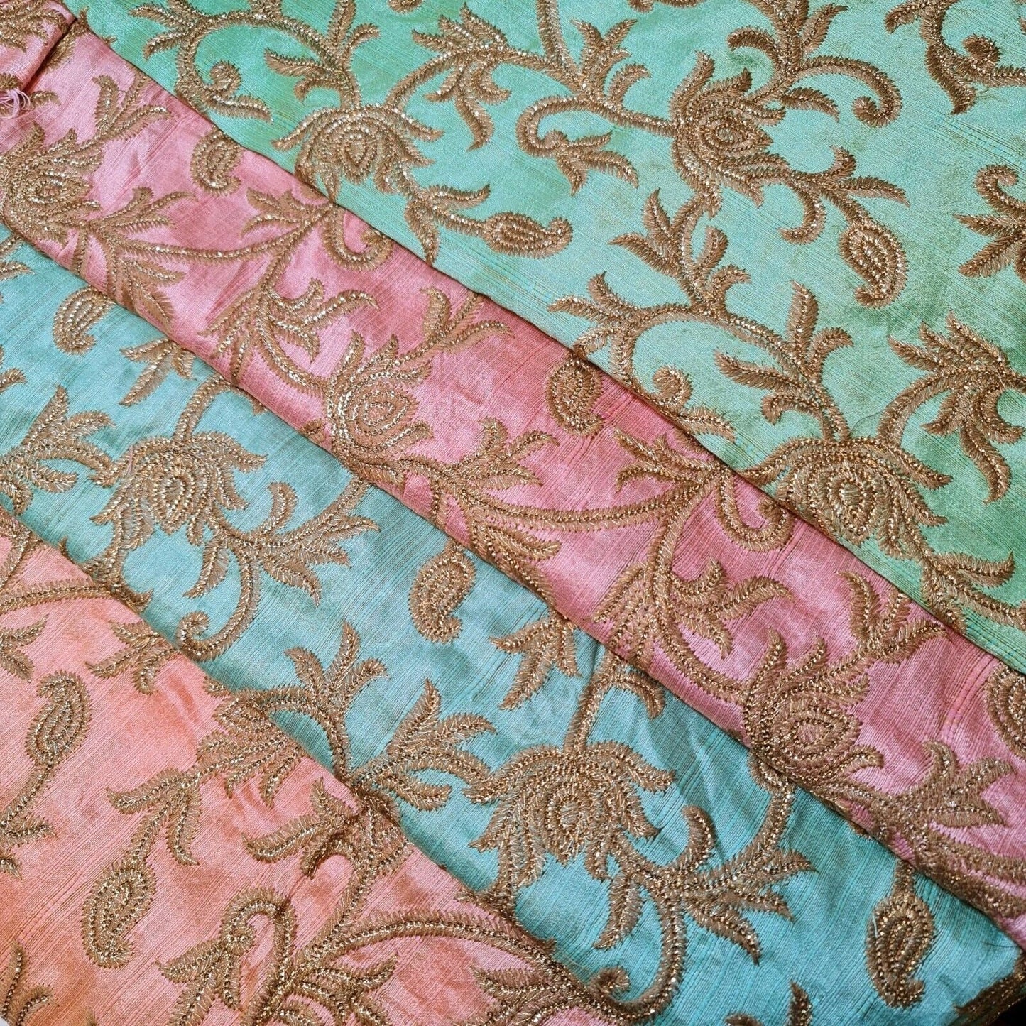 Luxury Faux Raw Silk Embroidered Fabric – Gold Floral Décor, Craft & Dress Material (44" Wide) by the Metre