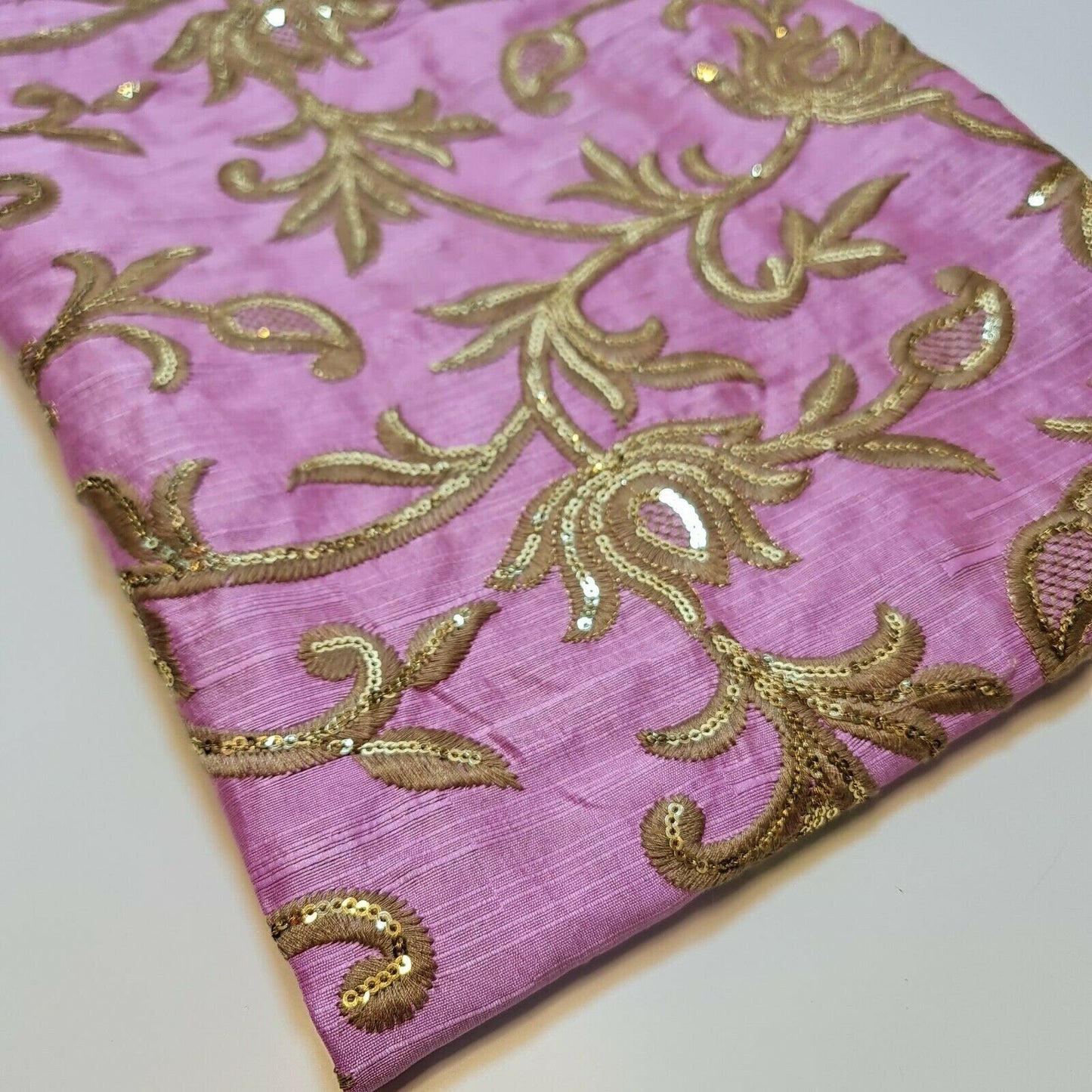 Luxury Faux Raw Silk Embroidered Fabric – Gold Floral Décor, Craft & Dress Material (44" Wide) by the Metre