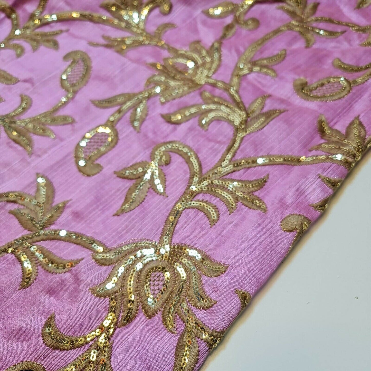 Luxury Faux Raw Silk Embroidered Fabric – Gold Floral Décor, Craft & Dress Material (44" Wide) by the Metre