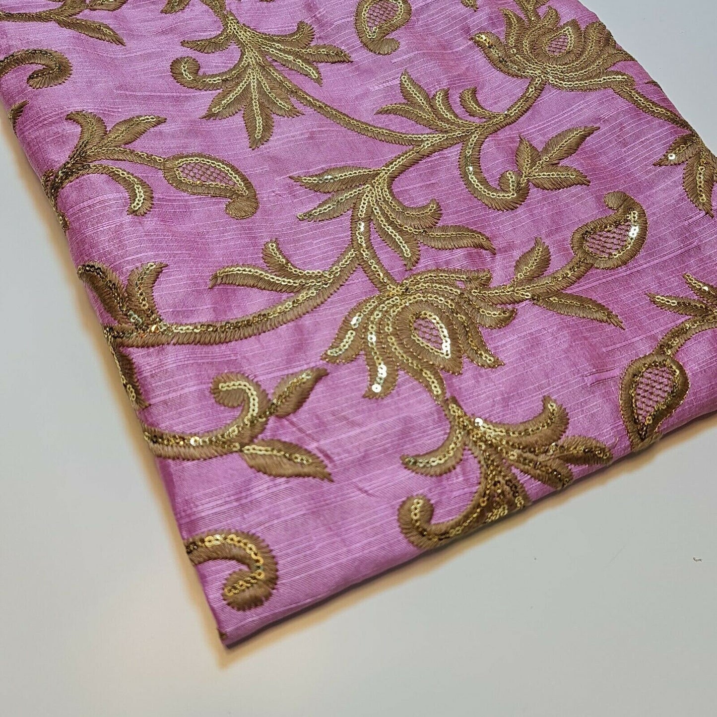 Luxury Faux Raw Silk Embroidered Fabric – Gold Floral Décor, Craft & Dress Material (44" Wide) by the Metre