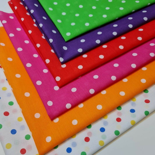 6pcs Polycotton Polka Dot Fat Quarters – 50x50cm Craft, Patchwork & Quilting Fabric - Textile Station
