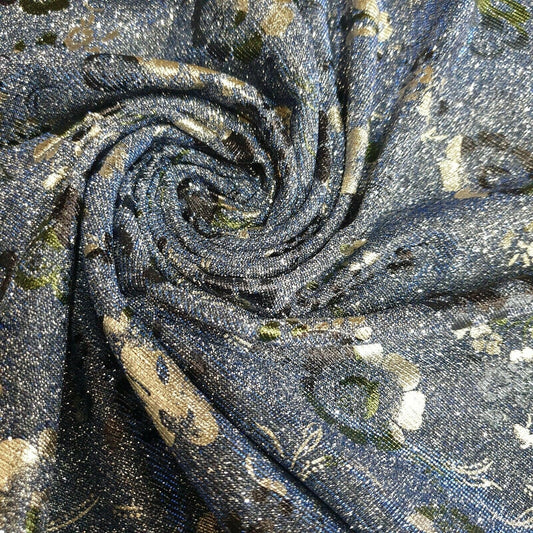 Shimmer Moonlight Floral Printed Glitter Nylon Fabric – 58" Wide Stretch Backdrop, Dress & Craft Material