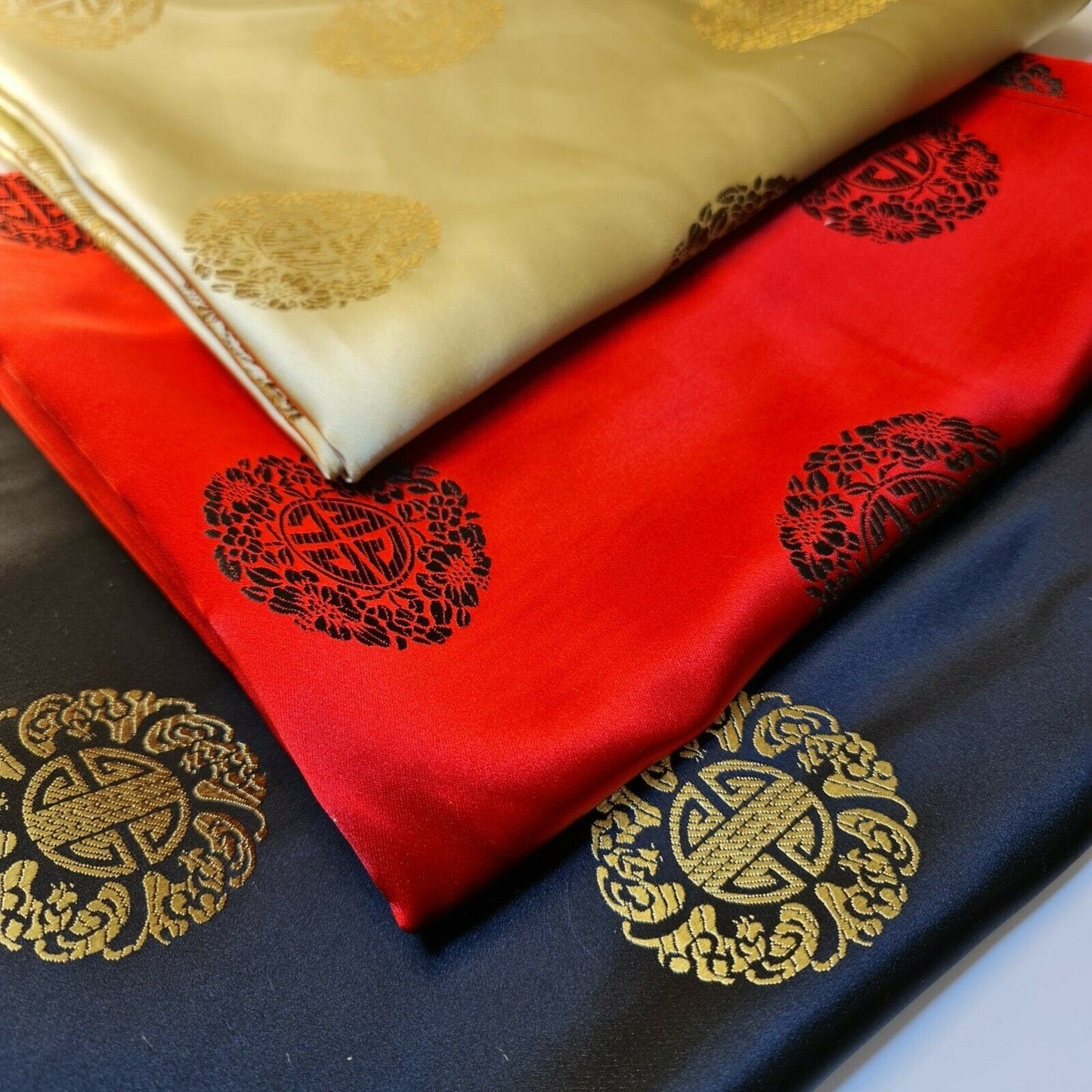 Oriental Chinese Embroidery Brocade Poly Silk Satin Oriental Jacquard Fabric 45" (Black)