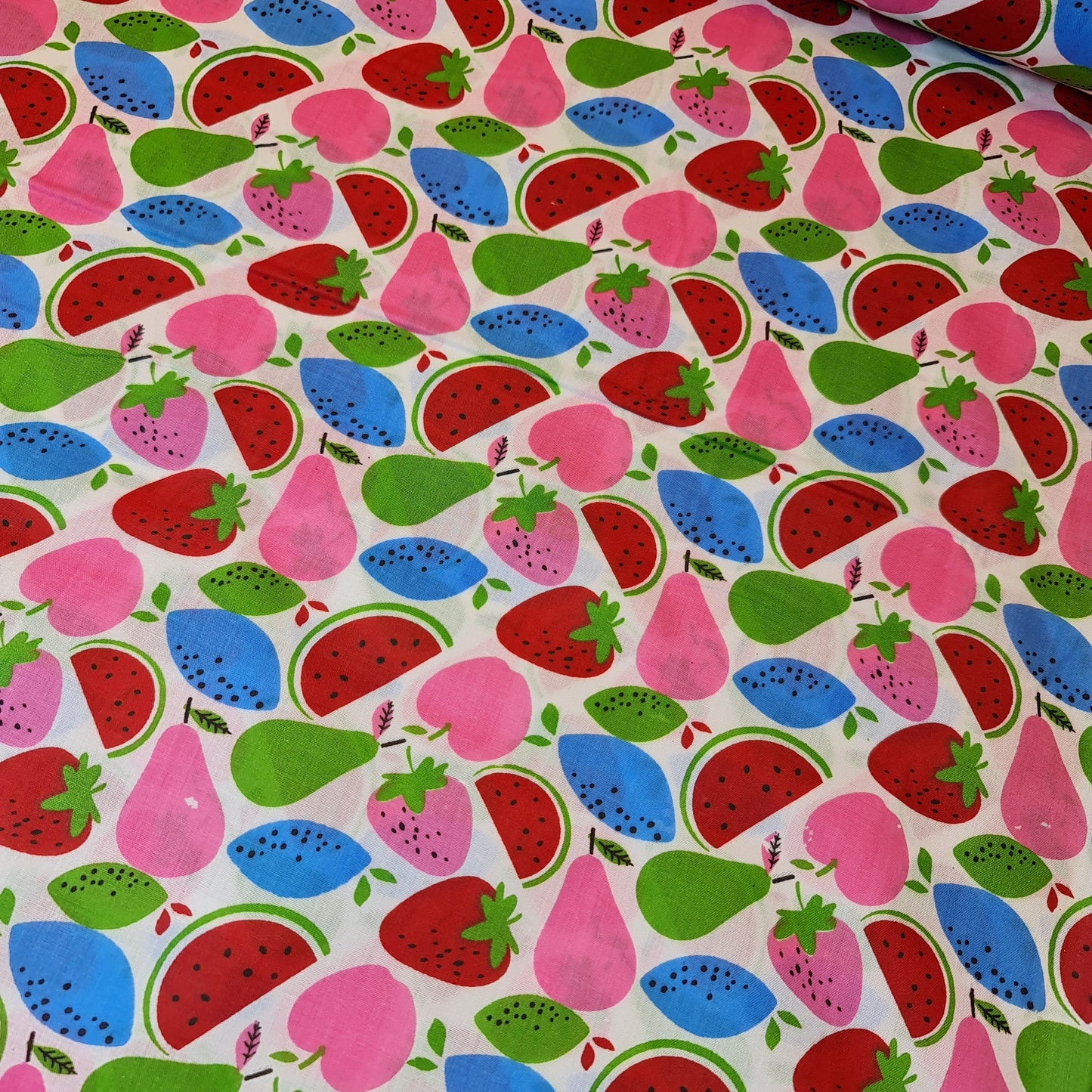 Kids Print 100% Cotton Poplin Fabric – Fruit Designs (Apple, Pear, Watermelon) 44" Wide - Textile Station