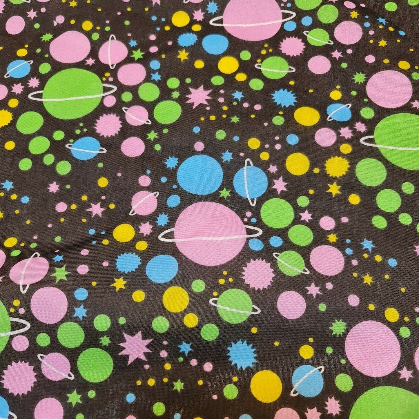 Universe Galaxy Print Polycotton Fabric – 44" Wide Black Base Stars & Planets Kids Dress & Craft Material