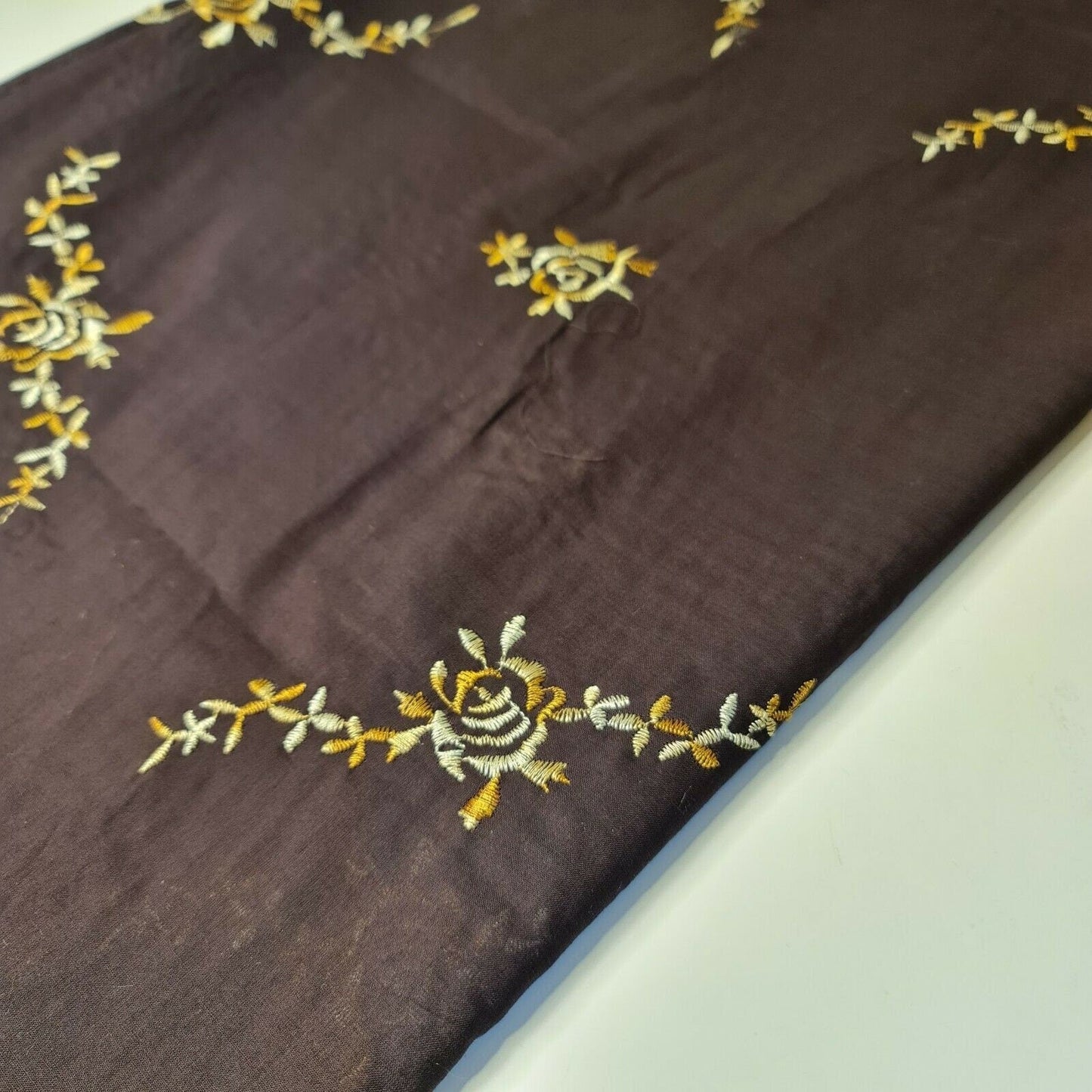 100% Cotton Brown Fabric with Gold Thread Embroidery | 58" (147cm) Wide Dressmaking, Craft & Décor Material – Sold by the Meter