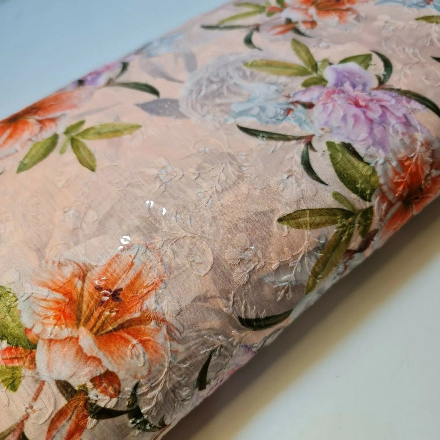 Peach Soft Polycotton Floral Broderie Anglaise Fabric | 44" (112cm) Wide Dressmaking, Craft & Drape Material β Sold by the Metre