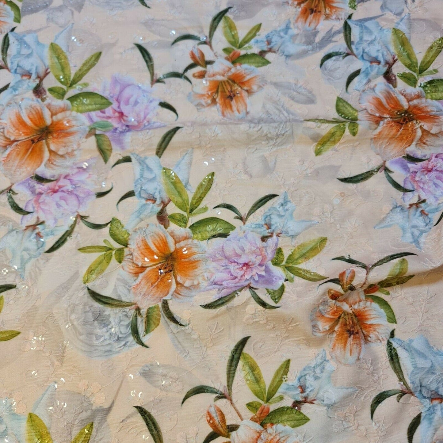 Peach Soft Polycotton Floral Broderie Anglaise Fabric – Dress, Craft & Drape Material 44" Wide