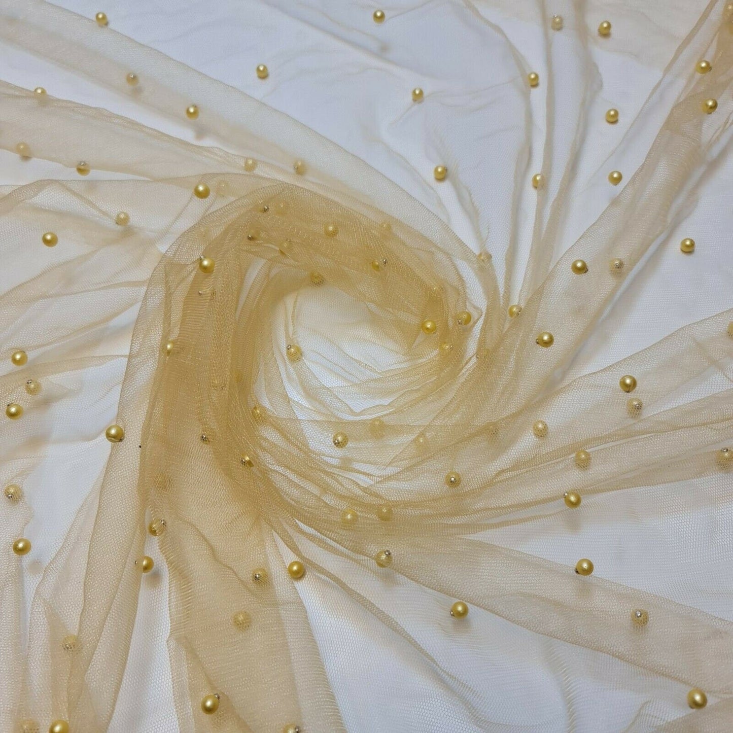 Tulle Beaded Pearl Lace Net Fabric – 58" Wide for Bridal Veils, Wedding Backdrops & Décor Golden