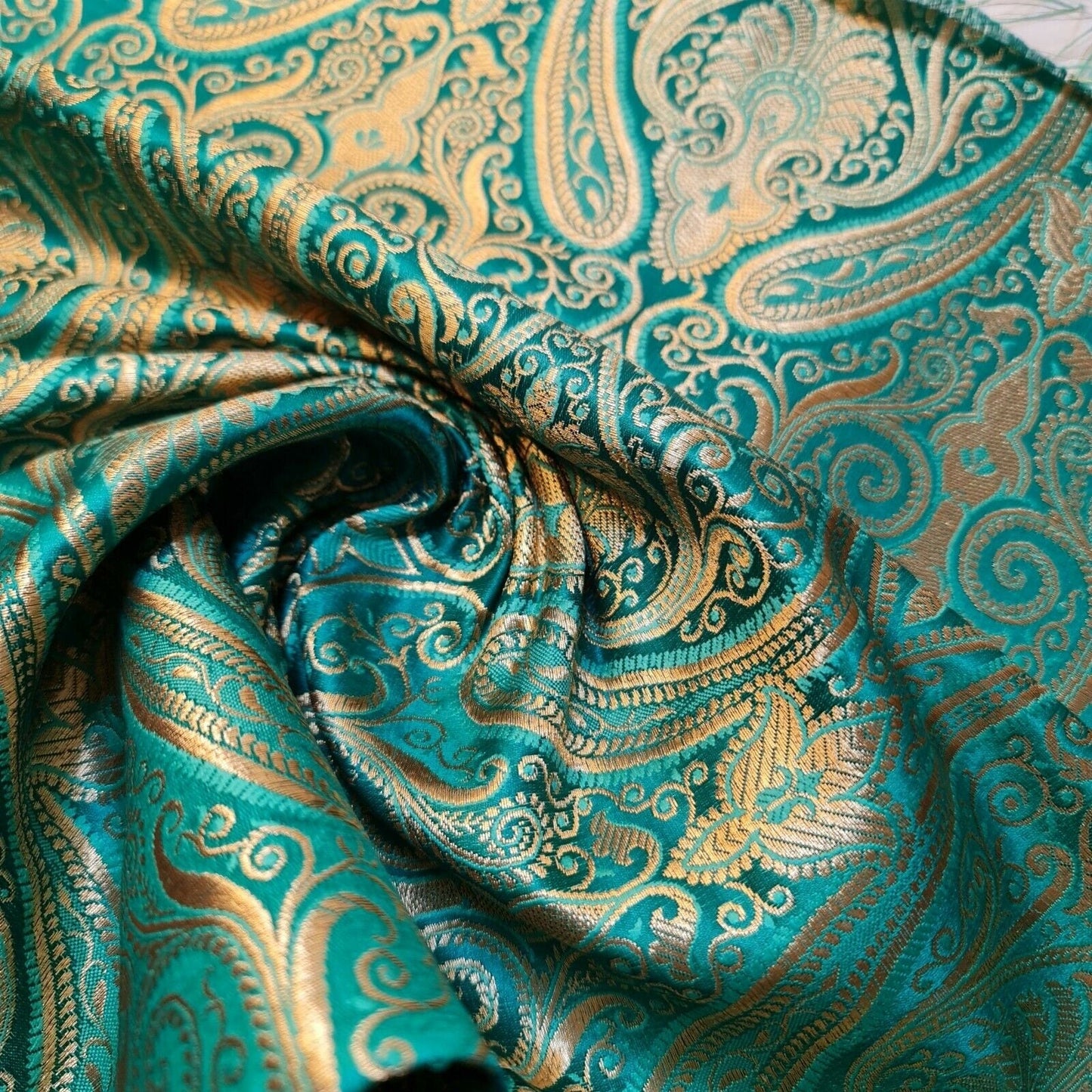 Ornamental Paisley Indian Banarasi Brocade Fabric – 44" Wide Luxurious Decorative Jacquard Material Jade