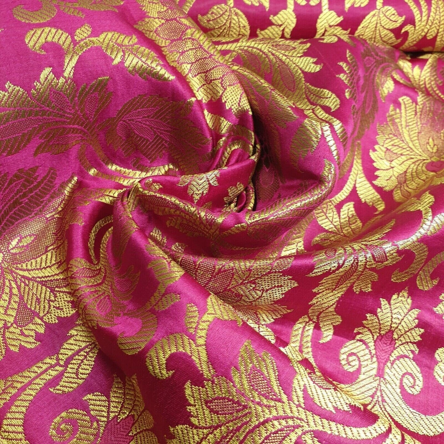 Ornamental Floral Gold Metallic Indian Banarasi Brocade Fabric – 44" Wide Dress & Craft Material Hot Pink