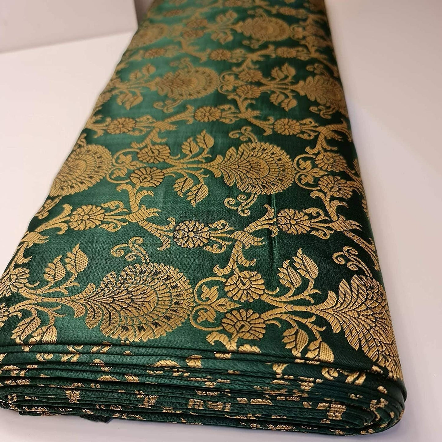 Regal Floral Pattern Indian Banarasi Brocade Fabric – 44" Wide Premium Jacquard Dress & Craft Material Bottle Green