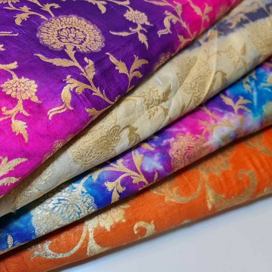 100% Pure Silk Tie-Dyed Banarasi Brocade Fabric – Gold Zari Weave Indian Craft & Dress Material 44" Wide - Textile Station
