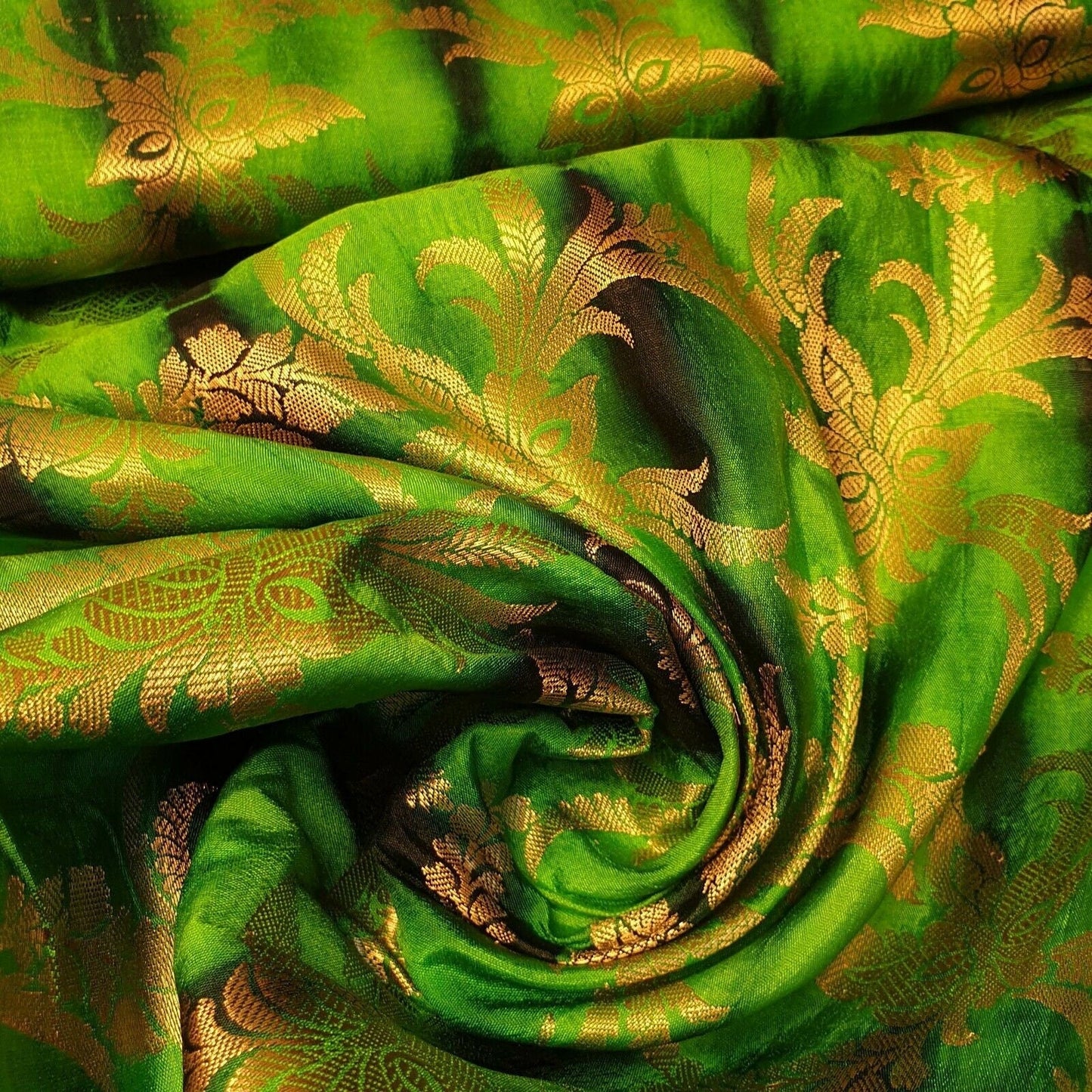 Indian Faux Silk Banarasi Brocade Fabric – Ornamental Craft, Cushion & Dress Material 44" Wide by the Meter Lime Tie & Dye