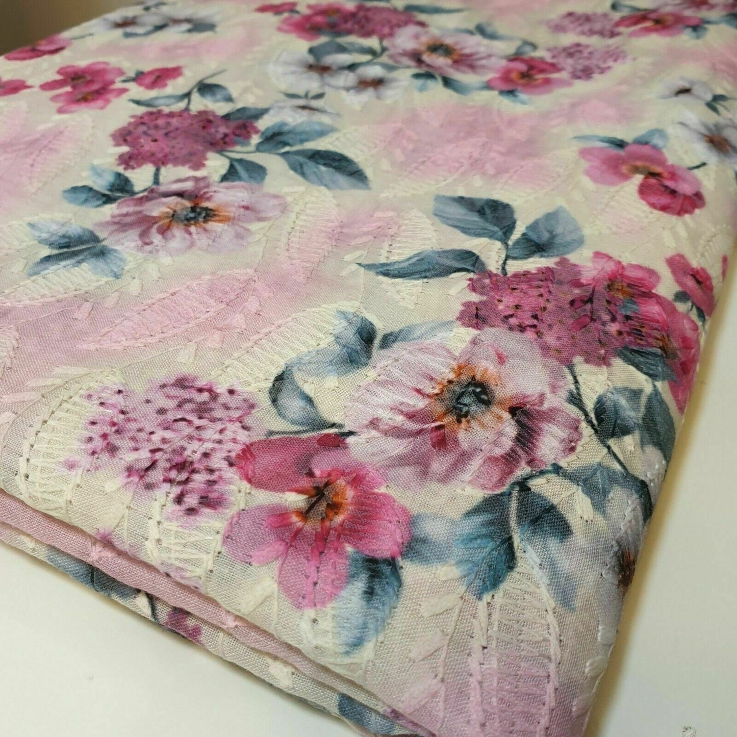 Pure Cotton Broderie Anglaise Fabric – 44" Wide Floral Printed & Embroidered Dress Material Design 4