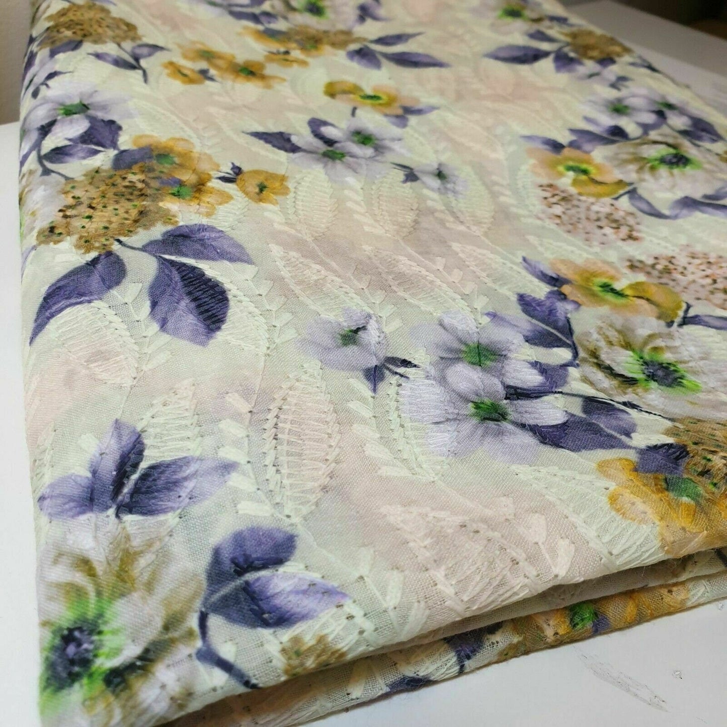Pure Cotton Broderie Anglaise Fabric – 44" Wide Floral Printed & Embroidered Dress Material