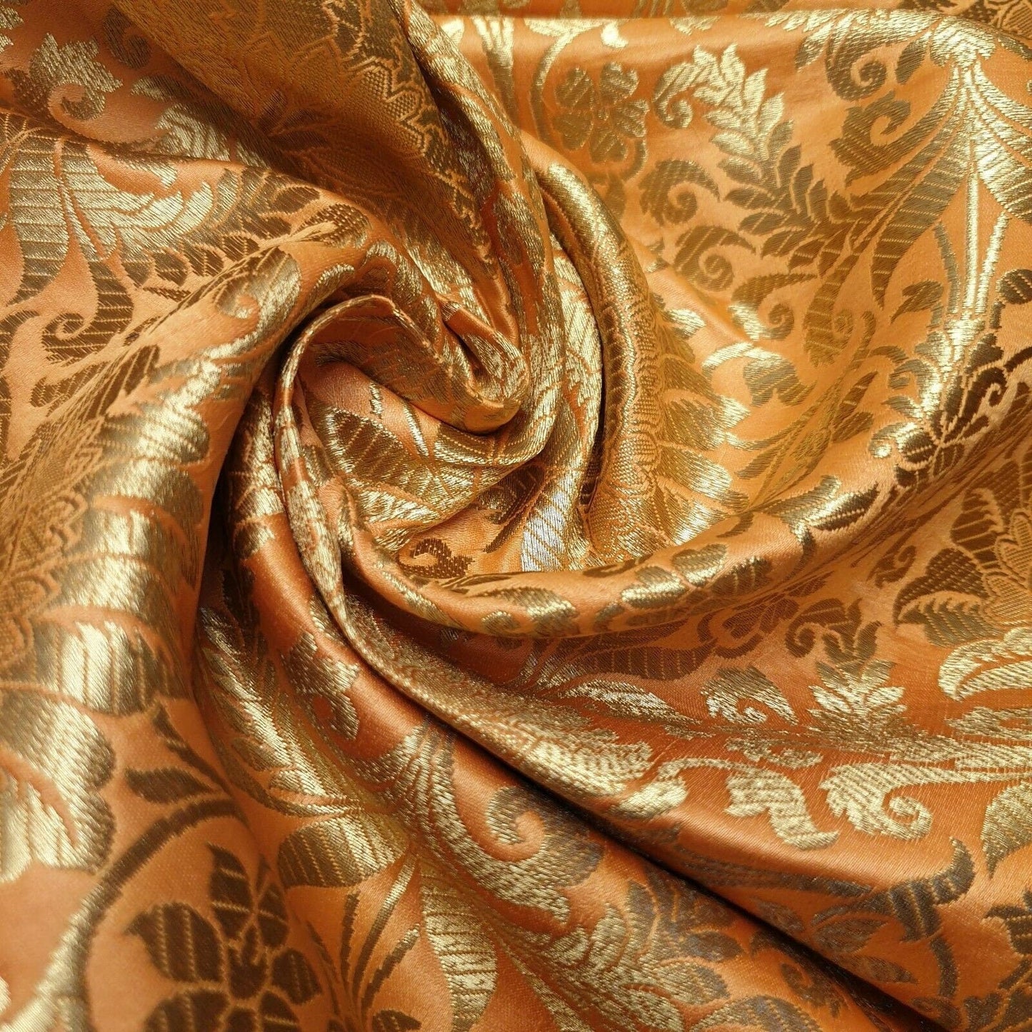 Floral Gold Leaf Damask Banarasi Brocade Fabric – Ornamental Metallic Indian Jacquard 44" Wide