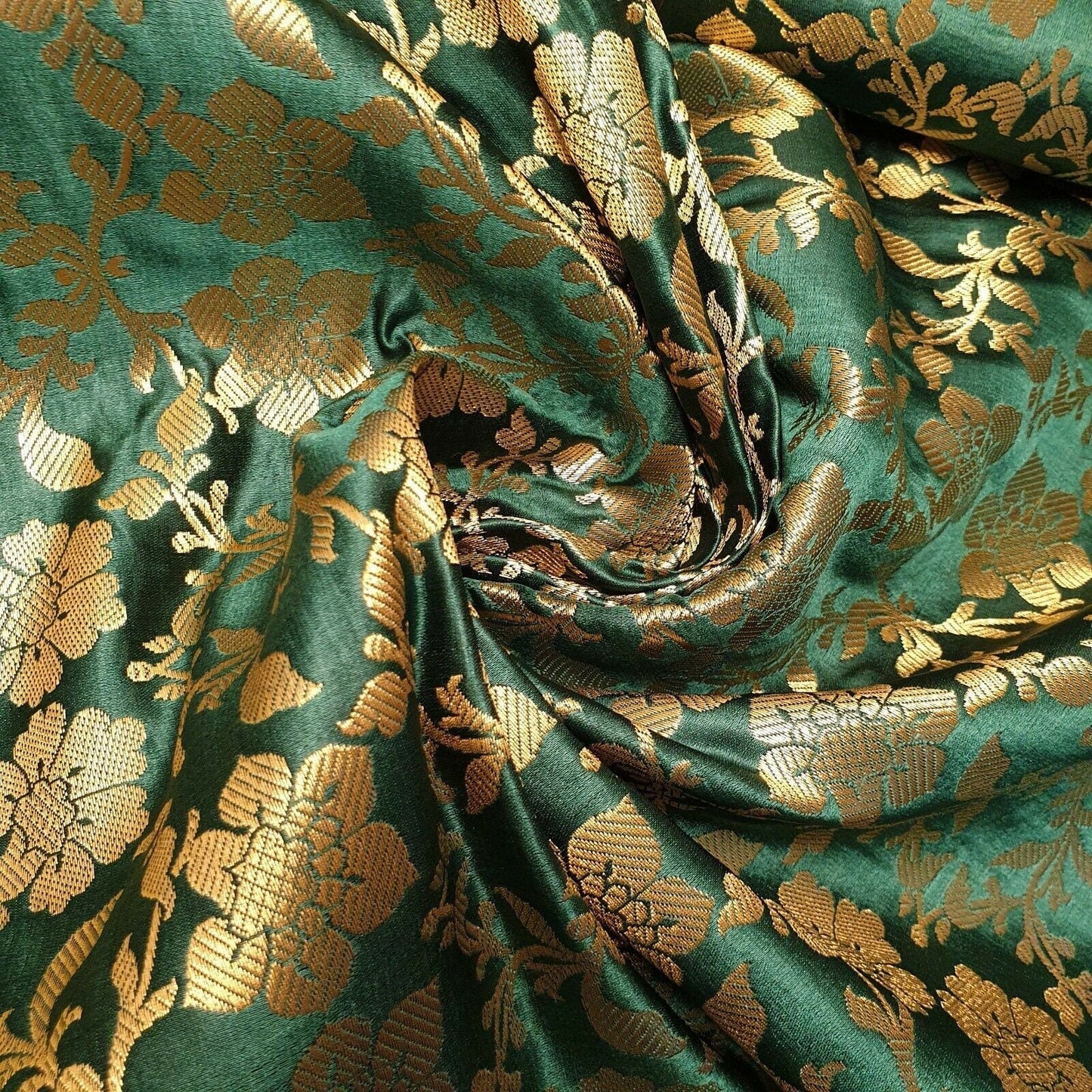 Indian Banarasi Brocade Fabric | Ornamental Floral Gold Metallic Design 44" (112cm) Wide Dress, Craft & Décor Material – Sold by the Meter Bottle Green