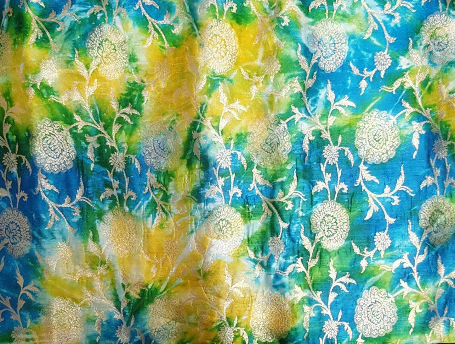100% Pure Silk Tie-Dyed Banarasi Brocade Fabric – Gold Zari Weave Indian Craft & Dress Material 44" Wide Pattern 3