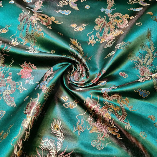 Traditional Chinese Embroidered Brocade Fabric – 36" Wide Poly Silky Satin Oriental Dragon & Floral Material by the Metre