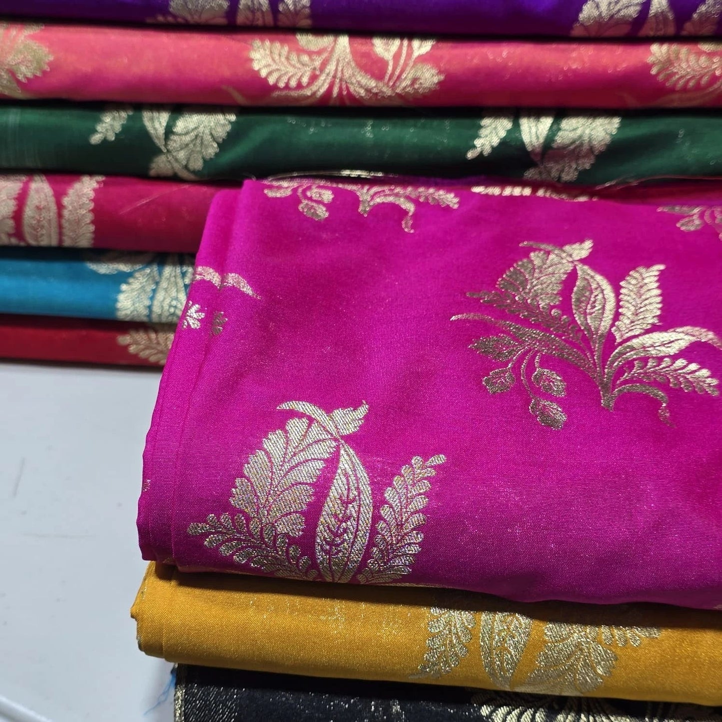 Floral Gold Jacquard Banaras Brocade Dress Craft Fabric 44" Wide By The Meter