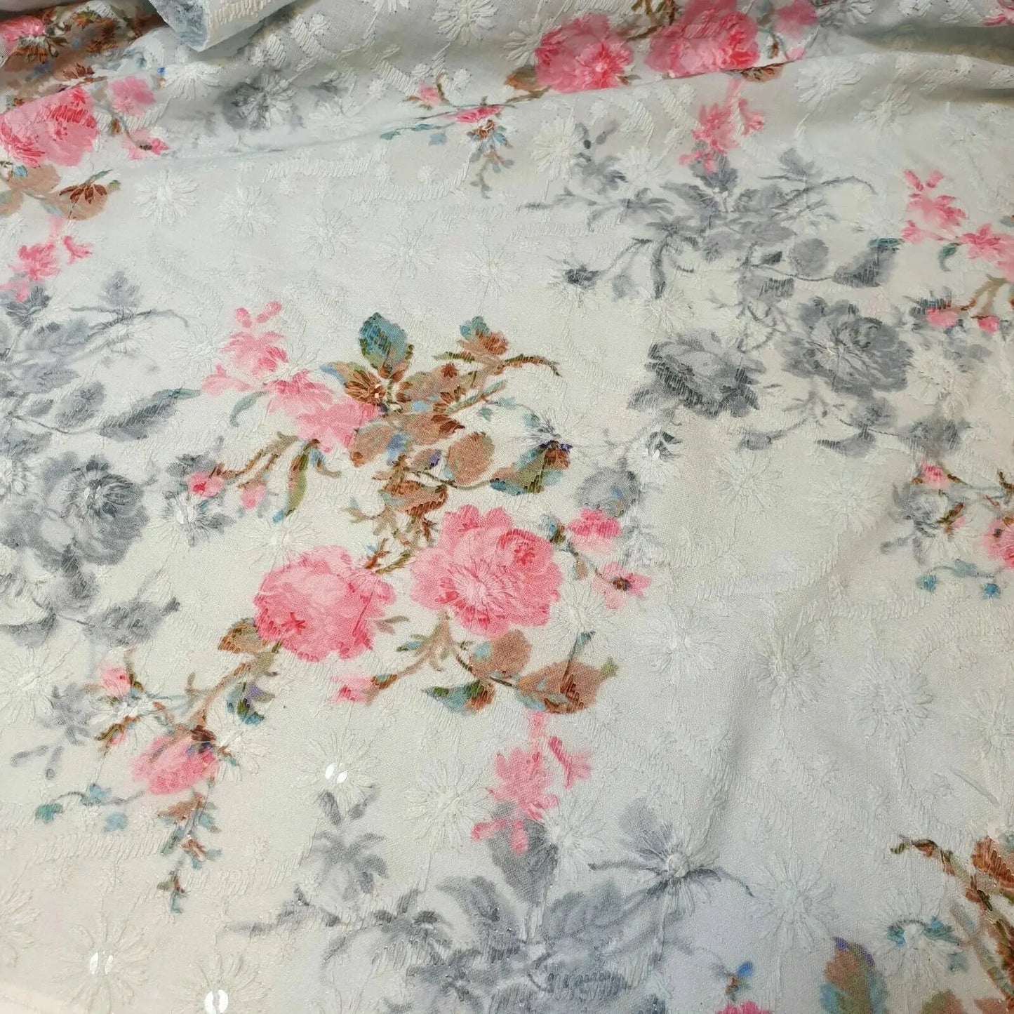100% Cotton Broderie Anglaise Fabric | 44" (112cm) Wide Floral Printed & Embroidered Dress Material β Sold by the Metre